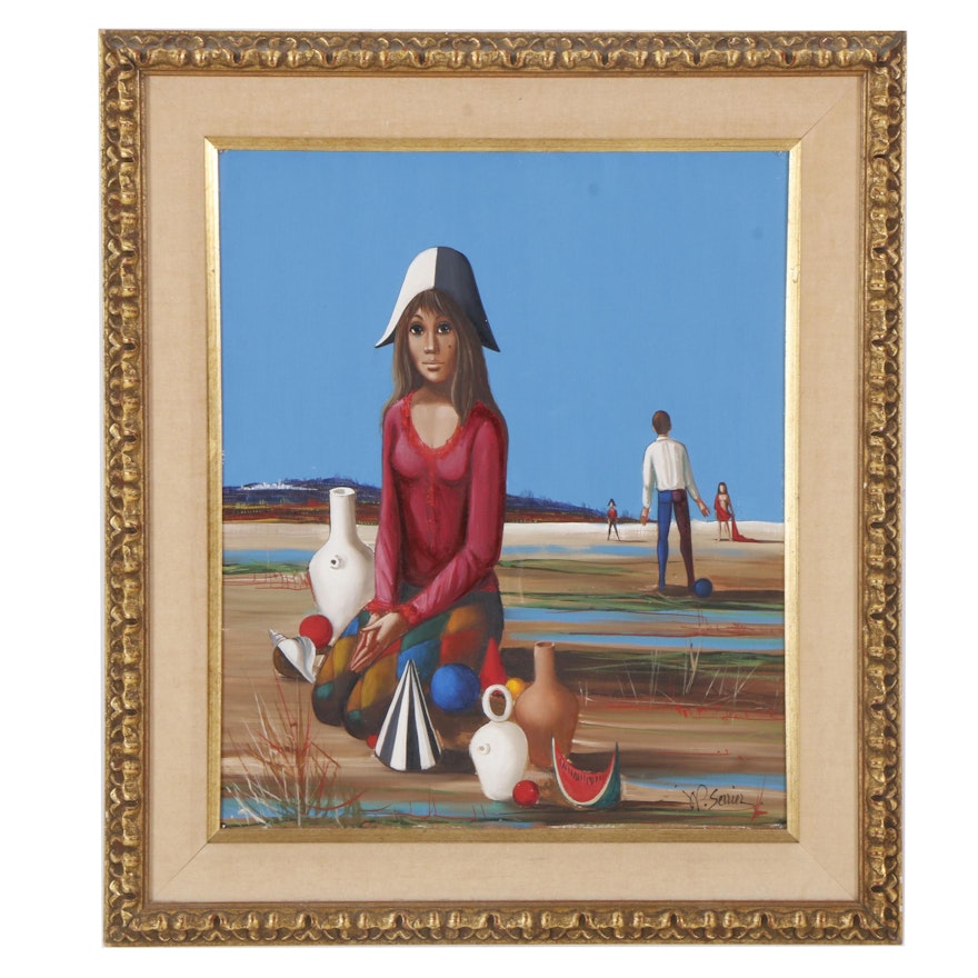 Jean Pierre Serrier Oil Painting of Harlequins on Beach
