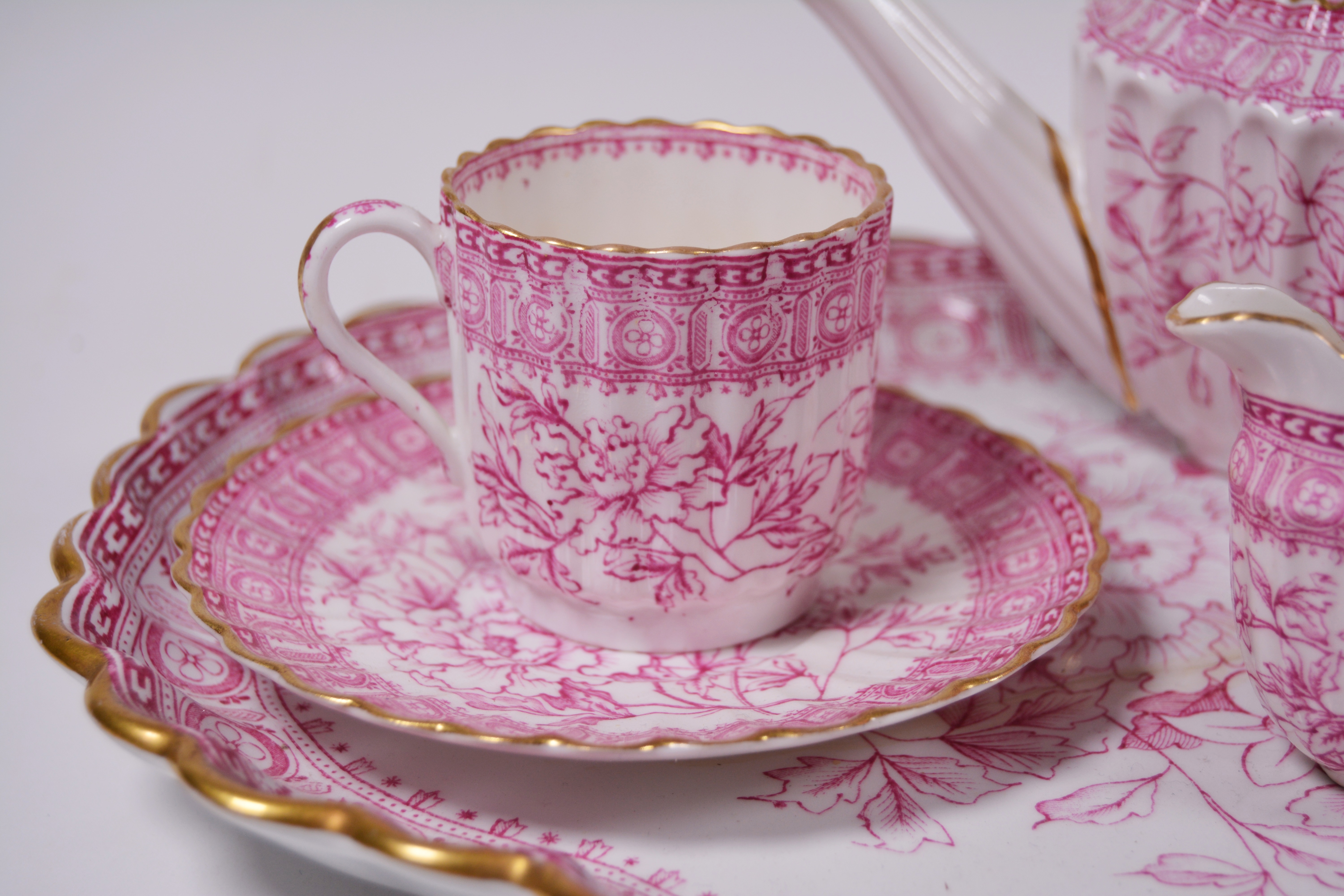 Antique Copeland Spode Pink and Gilt Porcelain Tea Set