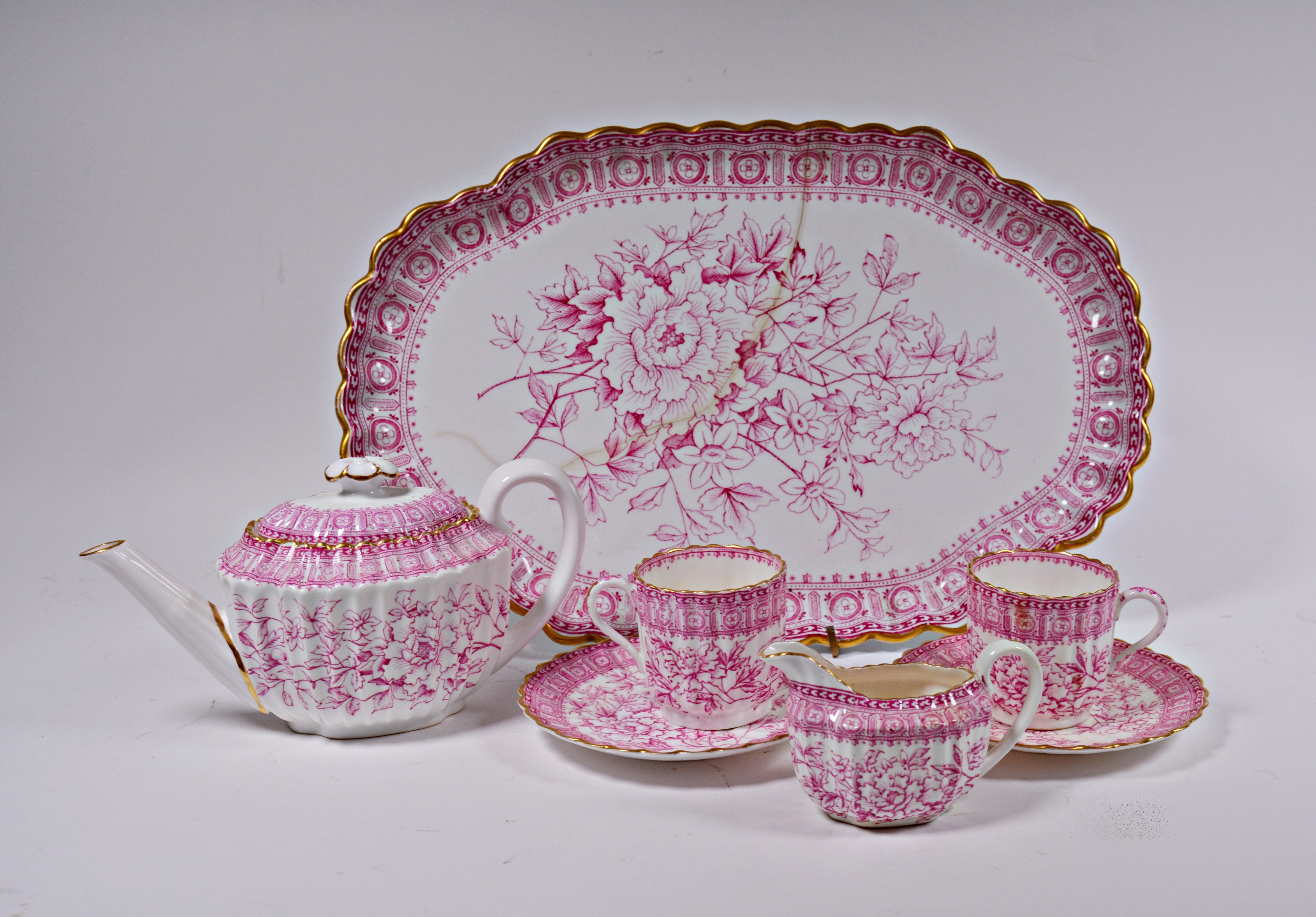 Antique Copeland Spode Pink and Gilt Porcelain Tea Set