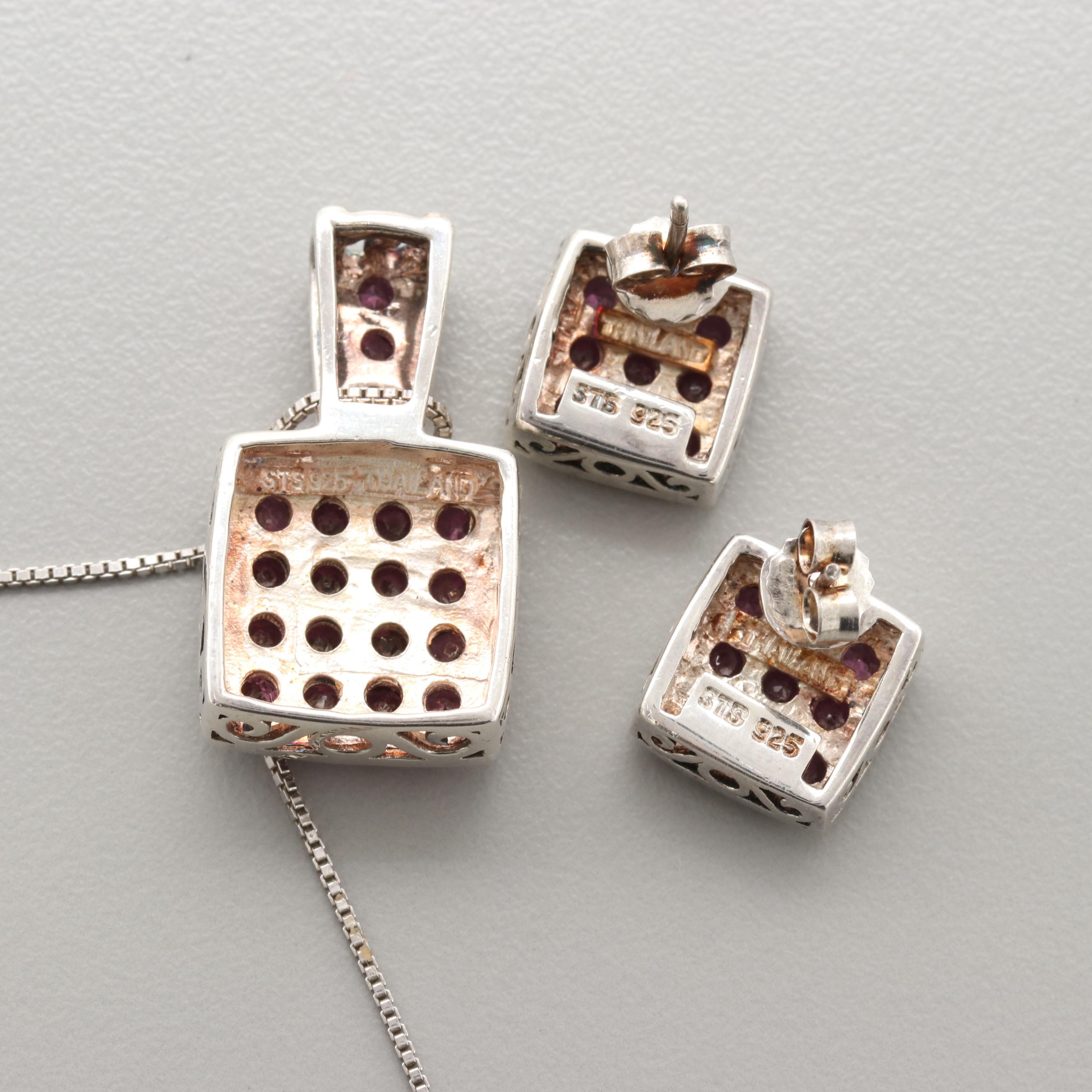 Sterling Silver Rhodolite Garnet Necklace and Earrings Set