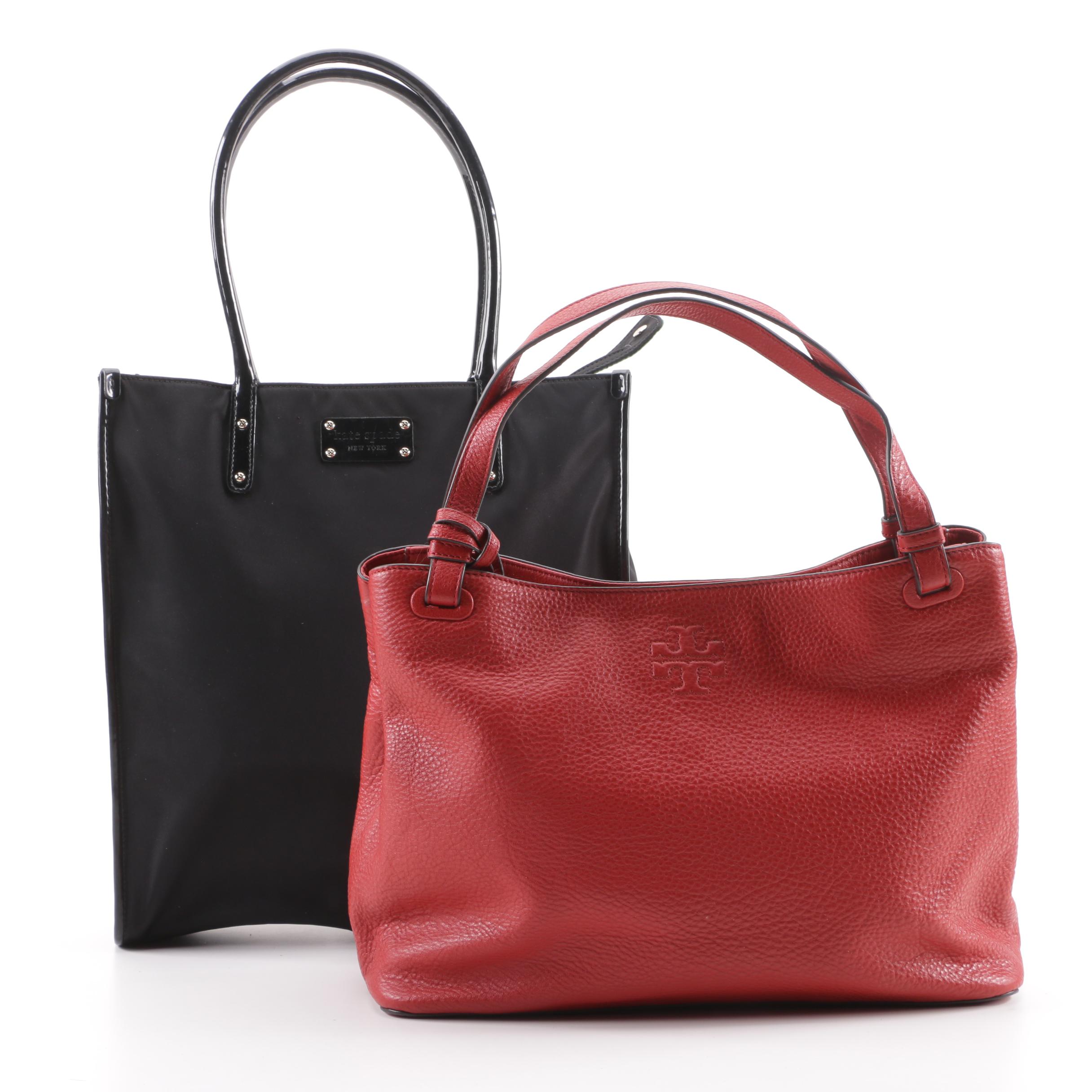 Tory Burch Thea Red Leather and Kate Spade New York Black Nylon Totes