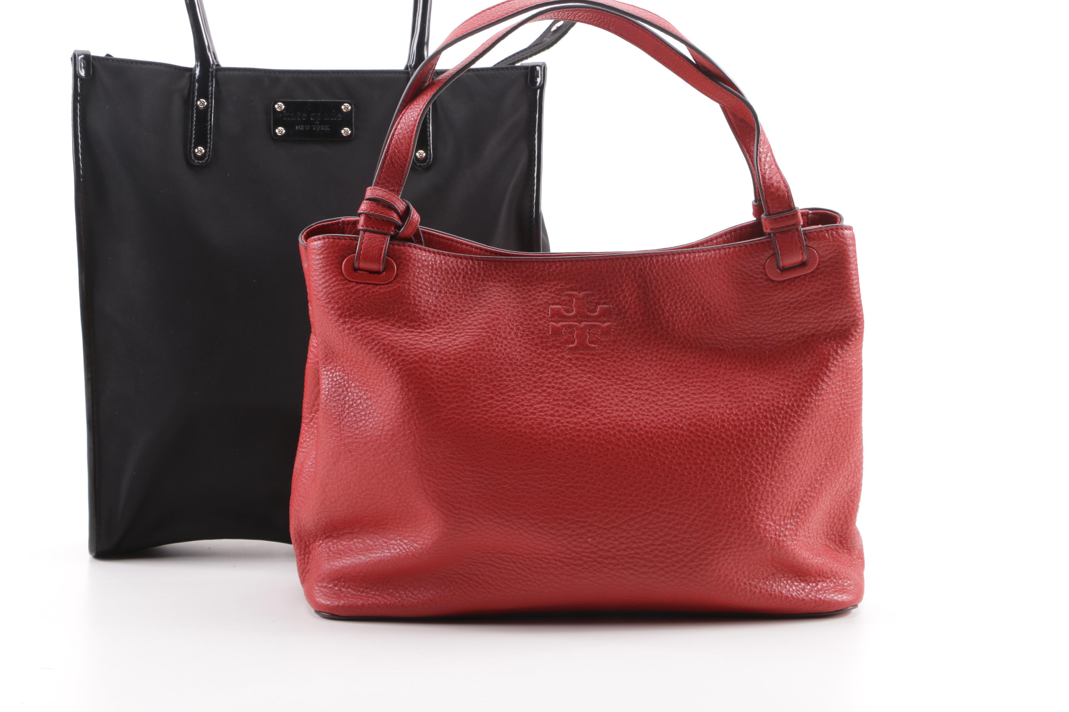 Tory Burch Thea Red Leather and Kate Spade New York Black Nylon Totes