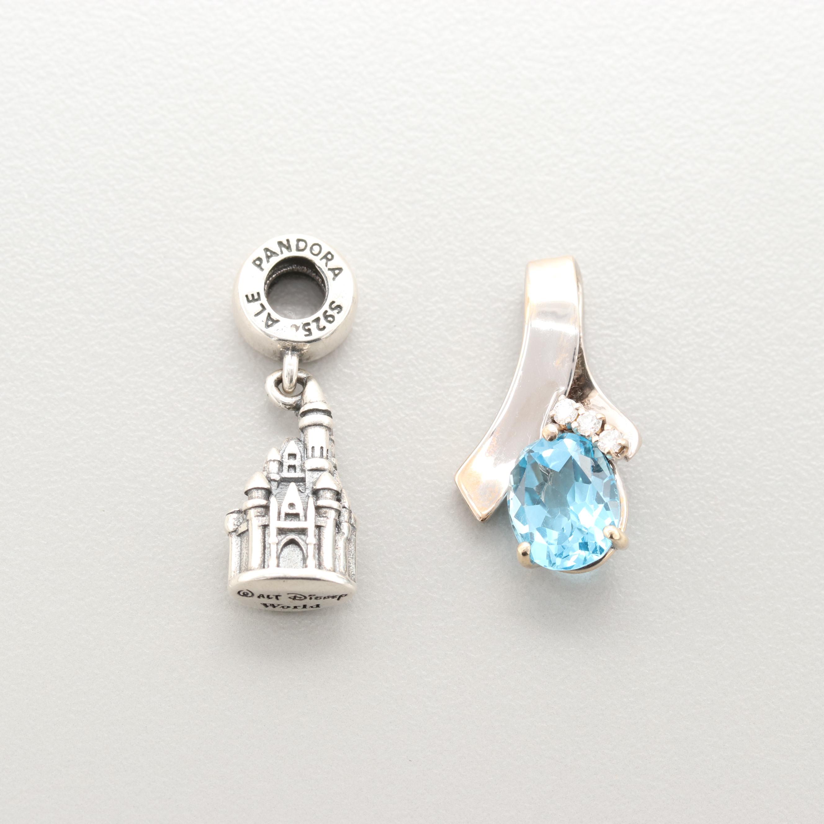 14K White Gold Topaz and Diamond Pendant with Pandora Disney Sterling Charm