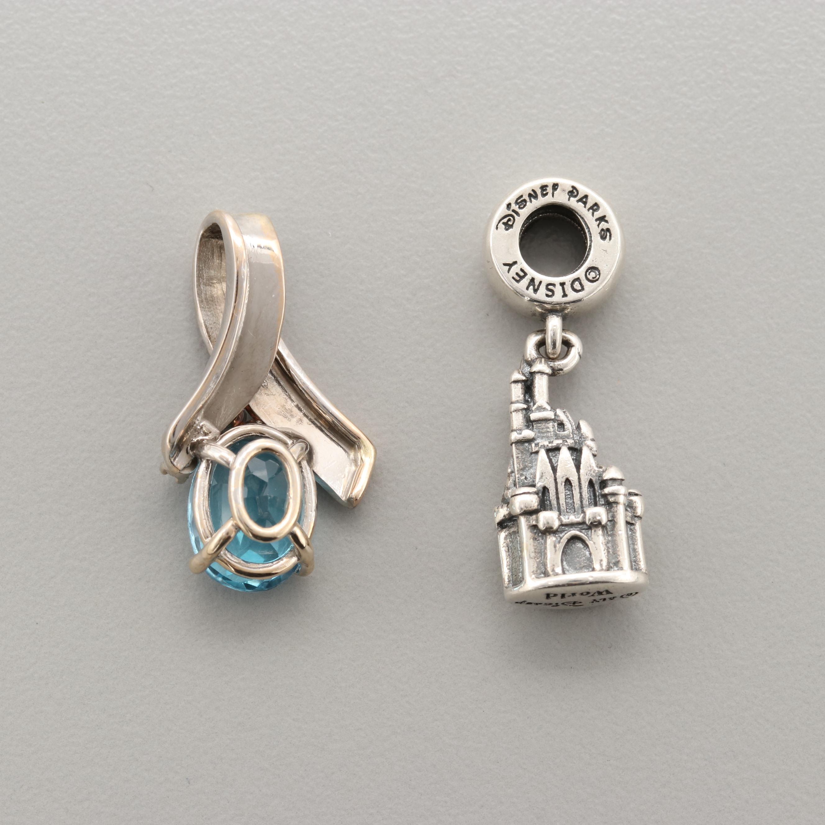 14K White Gold Topaz and Diamond Pendant with Pandora Disney Sterling Charm