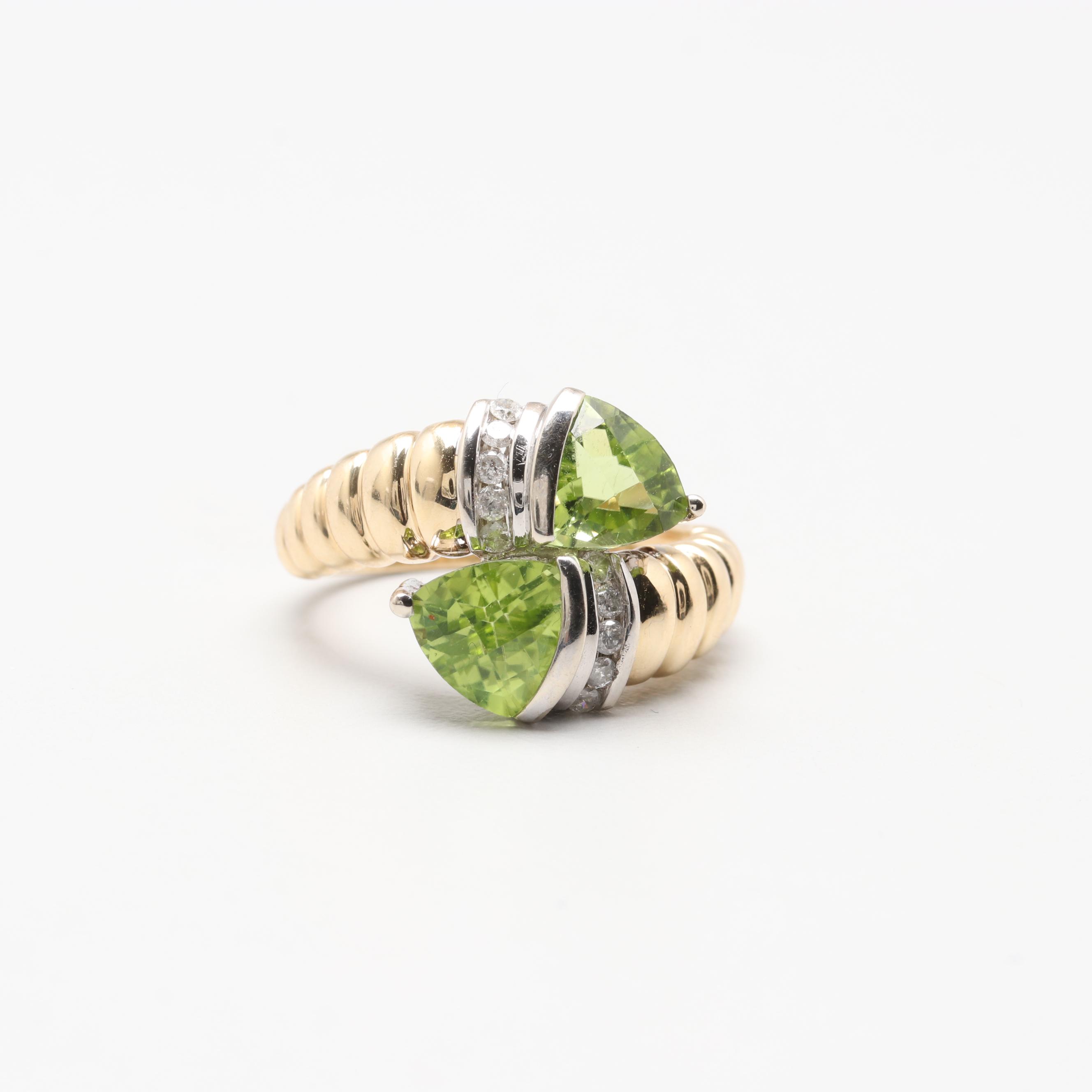 14K Yellow and White Gold Peridot and Diamond Crossover Rings