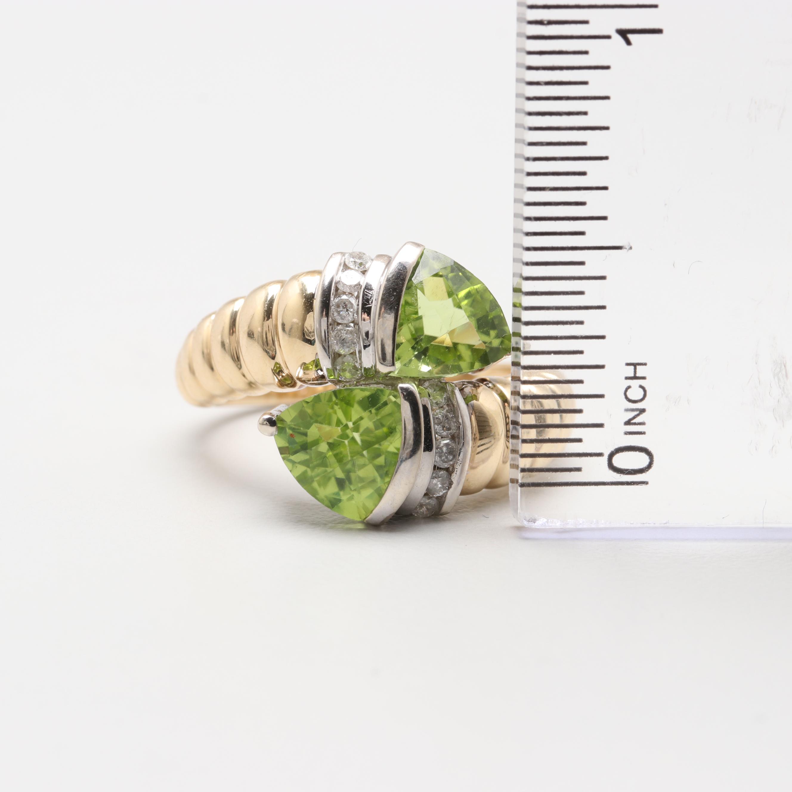 14K Yellow and White Gold Peridot and Diamond Crossover Rings