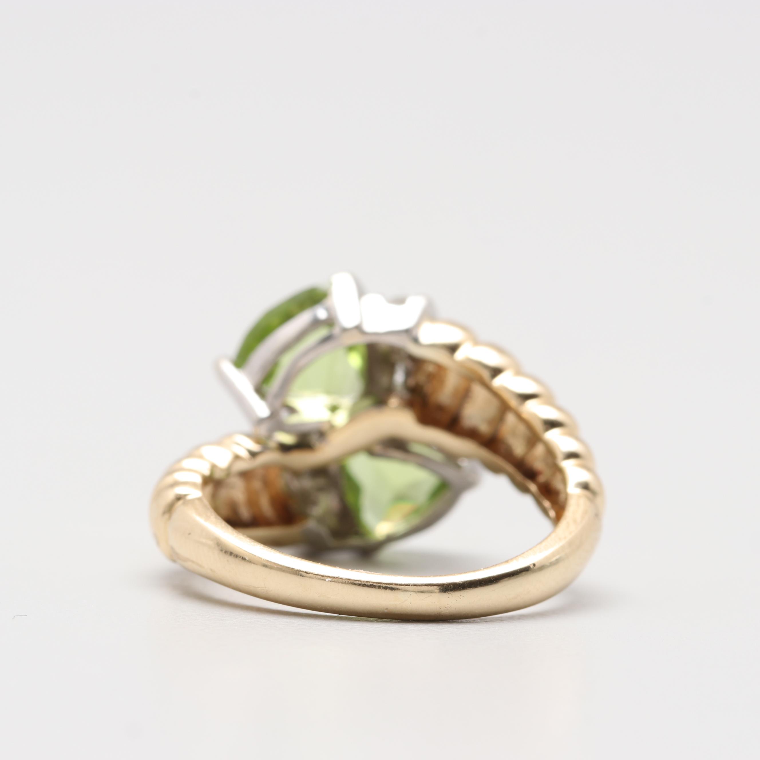 14K Yellow and White Gold Peridot and Diamond Crossover Rings