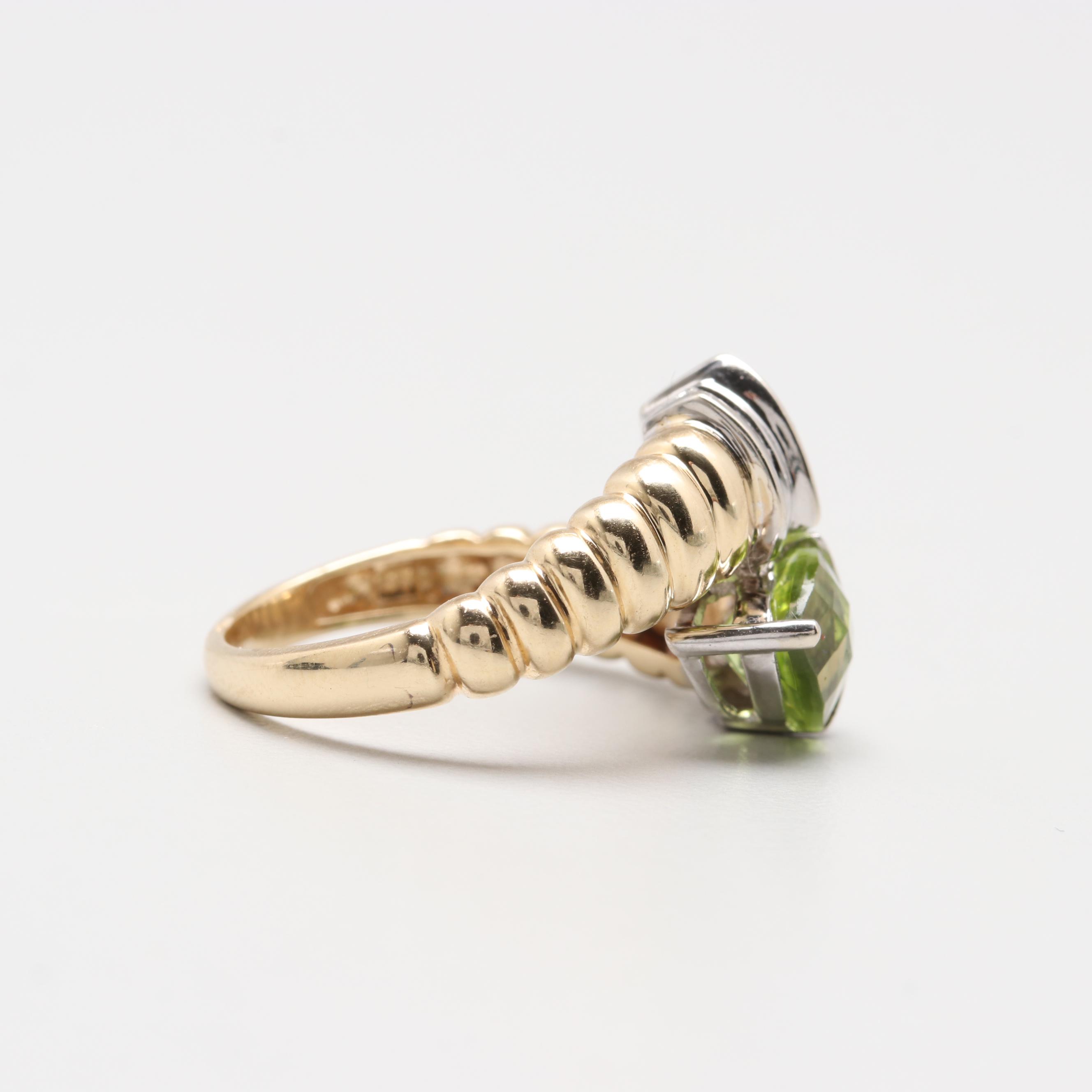 14K Yellow and White Gold Peridot and Diamond Crossover Rings