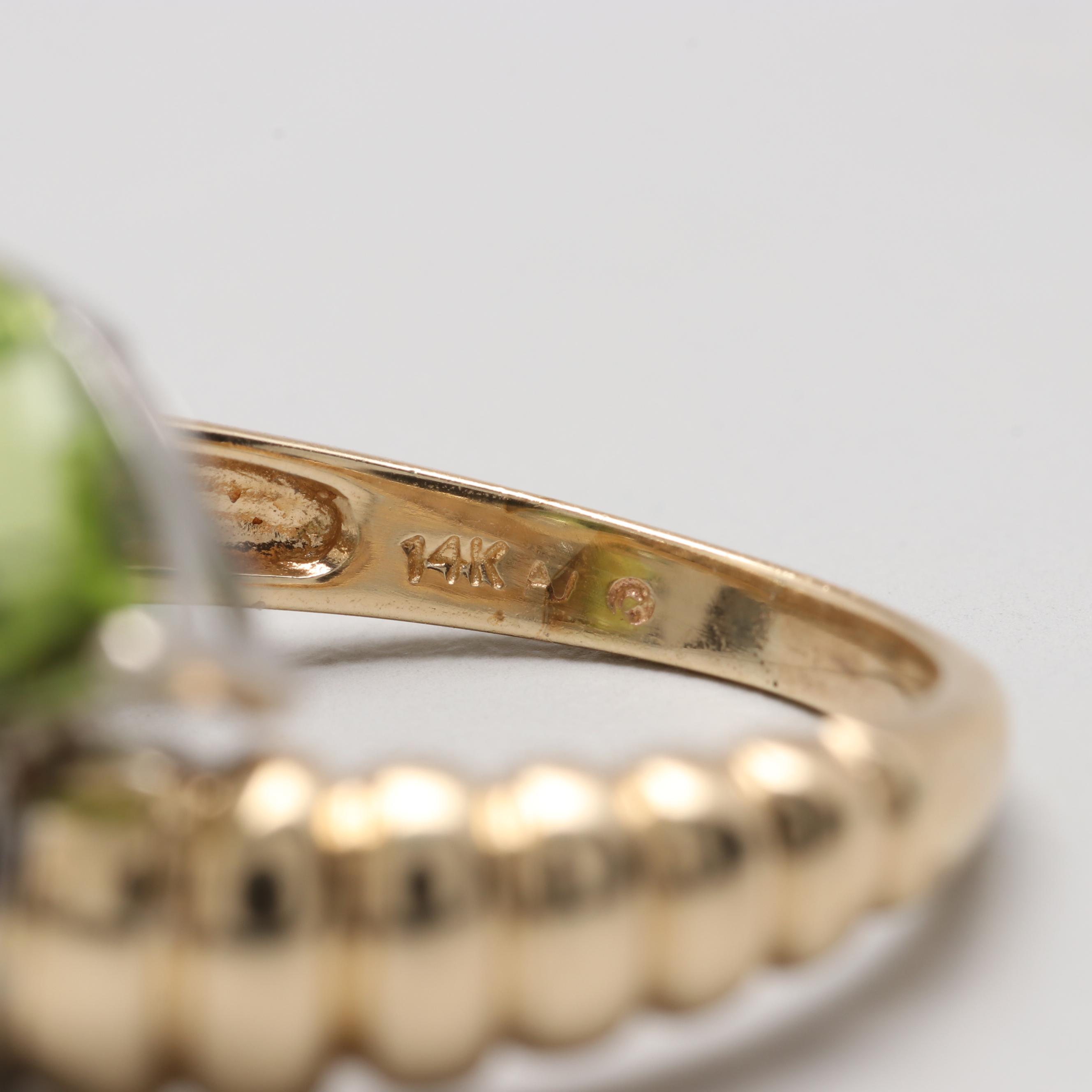 14K Yellow and White Gold Peridot and Diamond Crossover Rings