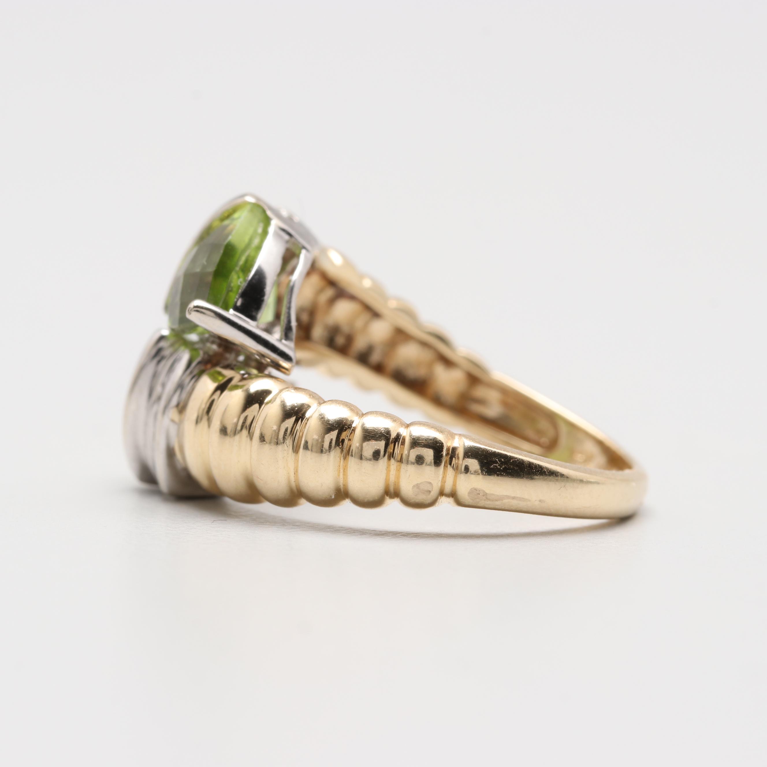 14K Yellow and White Gold Peridot and Diamond Crossover Rings