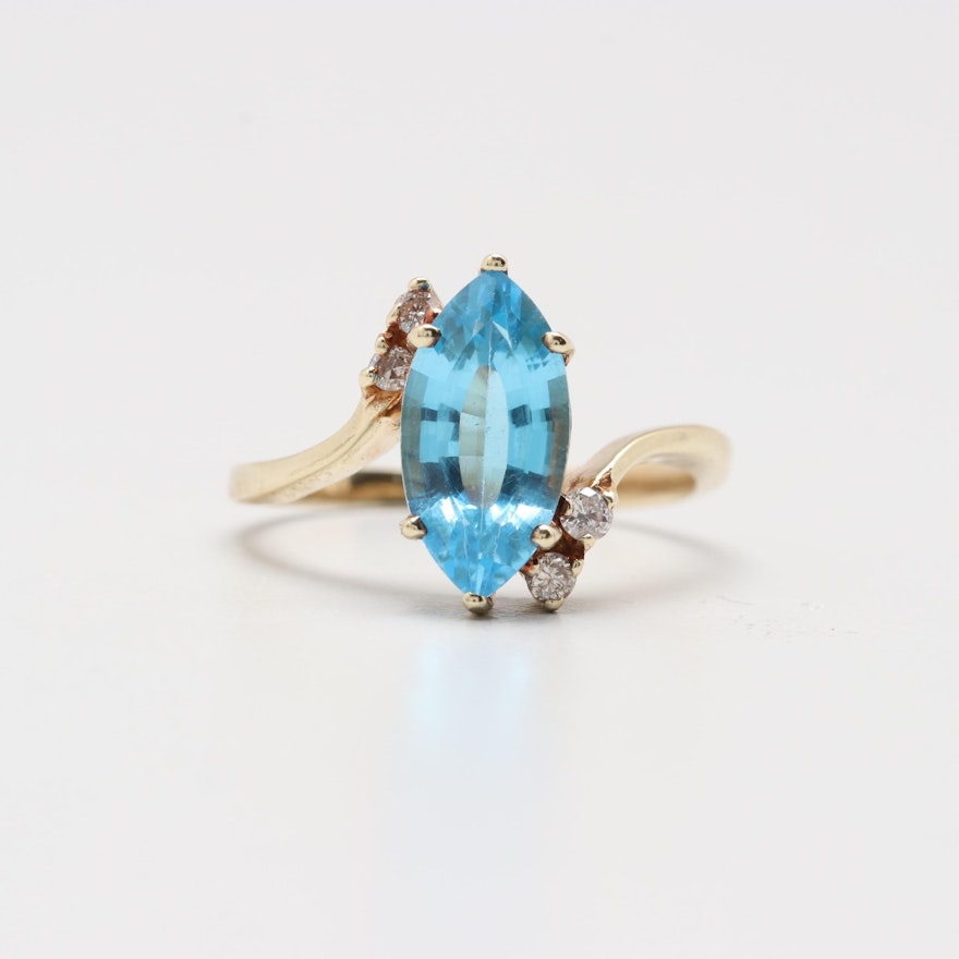 14K Yellow Gold Blue Topaz and Diamond Ring