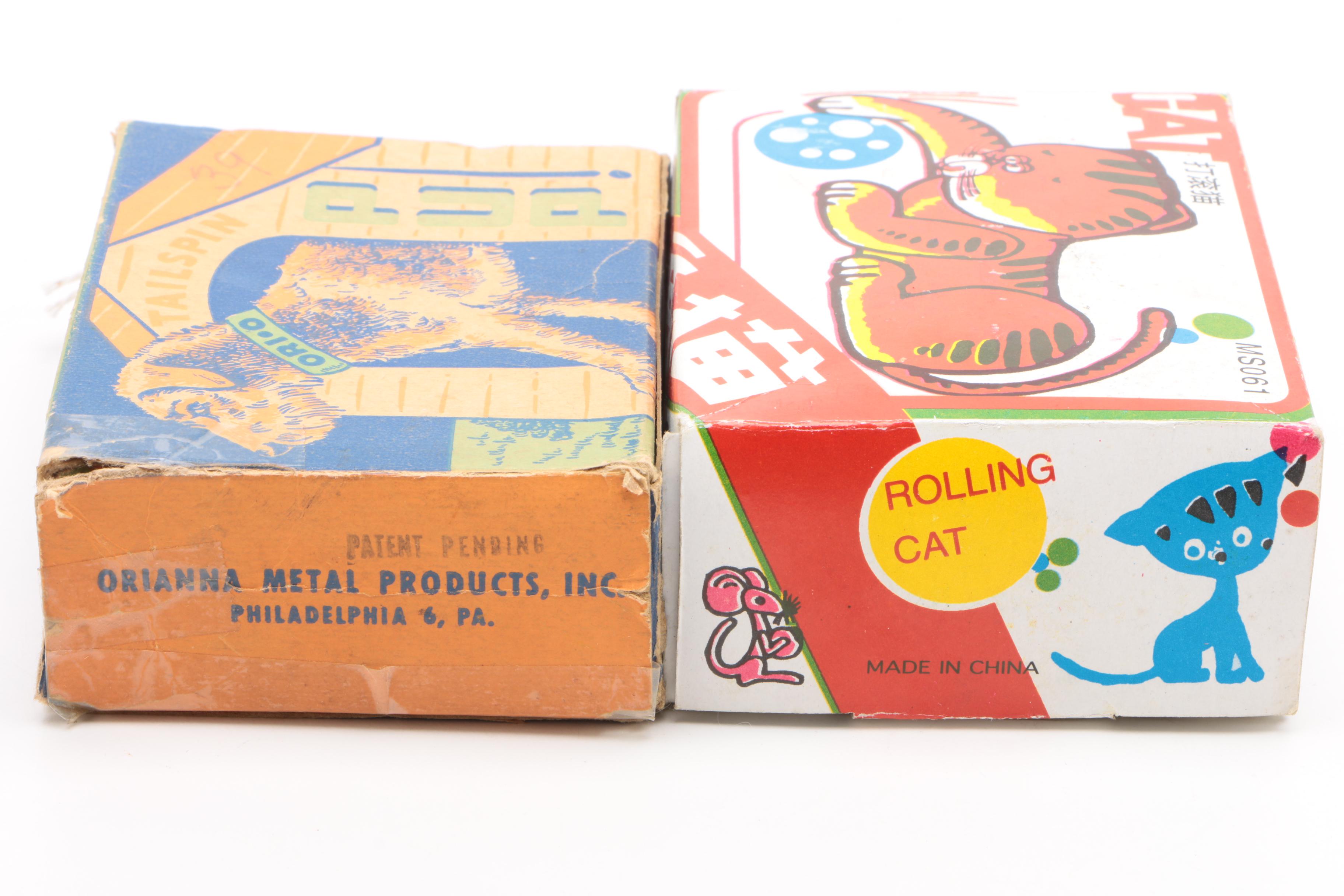 Vintage Tin Wind-Up Toys Including a Rolling Cat and "Tailspin Pup"
