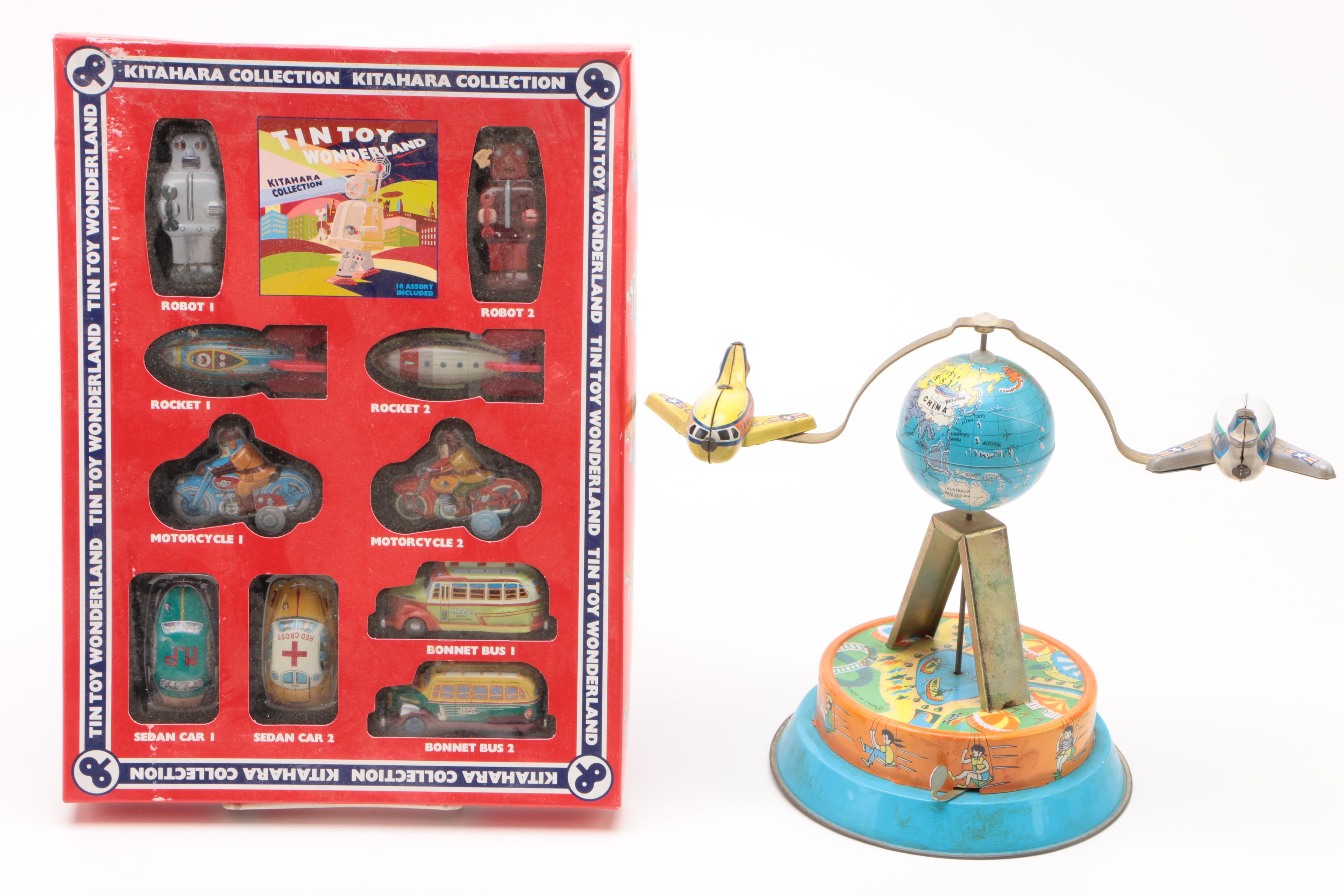 Vintage Tin Wind-Up Toys Including a Rolling Cat and "Tailspin Pup"