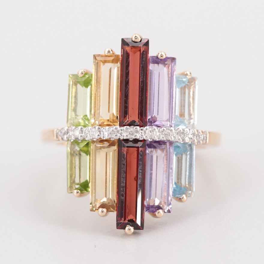 14K Yellow Gold Mixed Gemstone and Diamond Ring