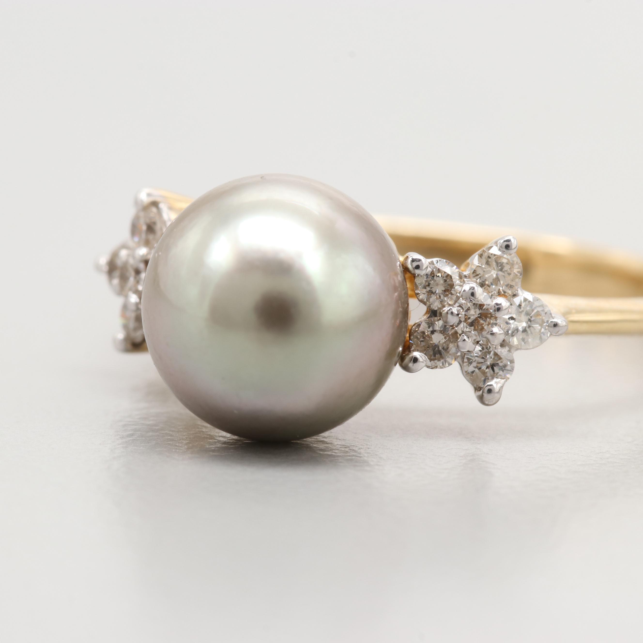 14K Yellow Gold Cultured Pearl and Diamond Ring