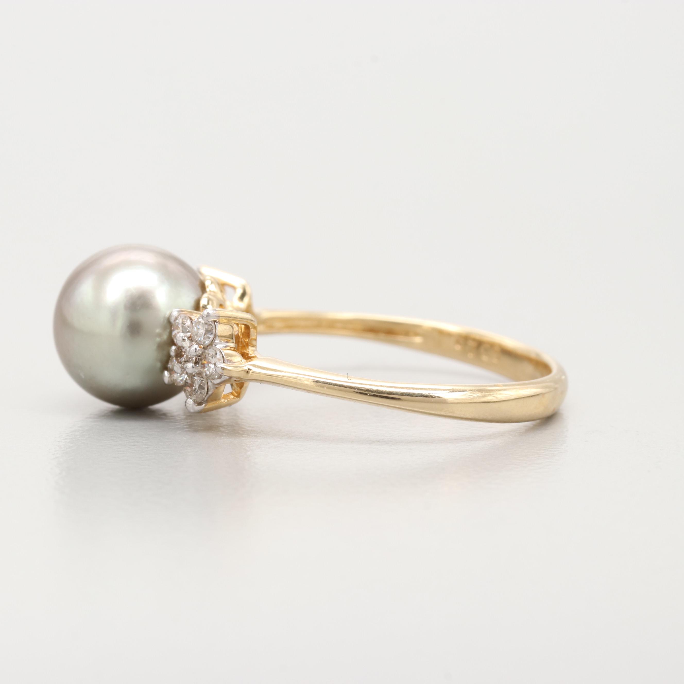 14K Yellow Gold Cultured Pearl and Diamond Ring