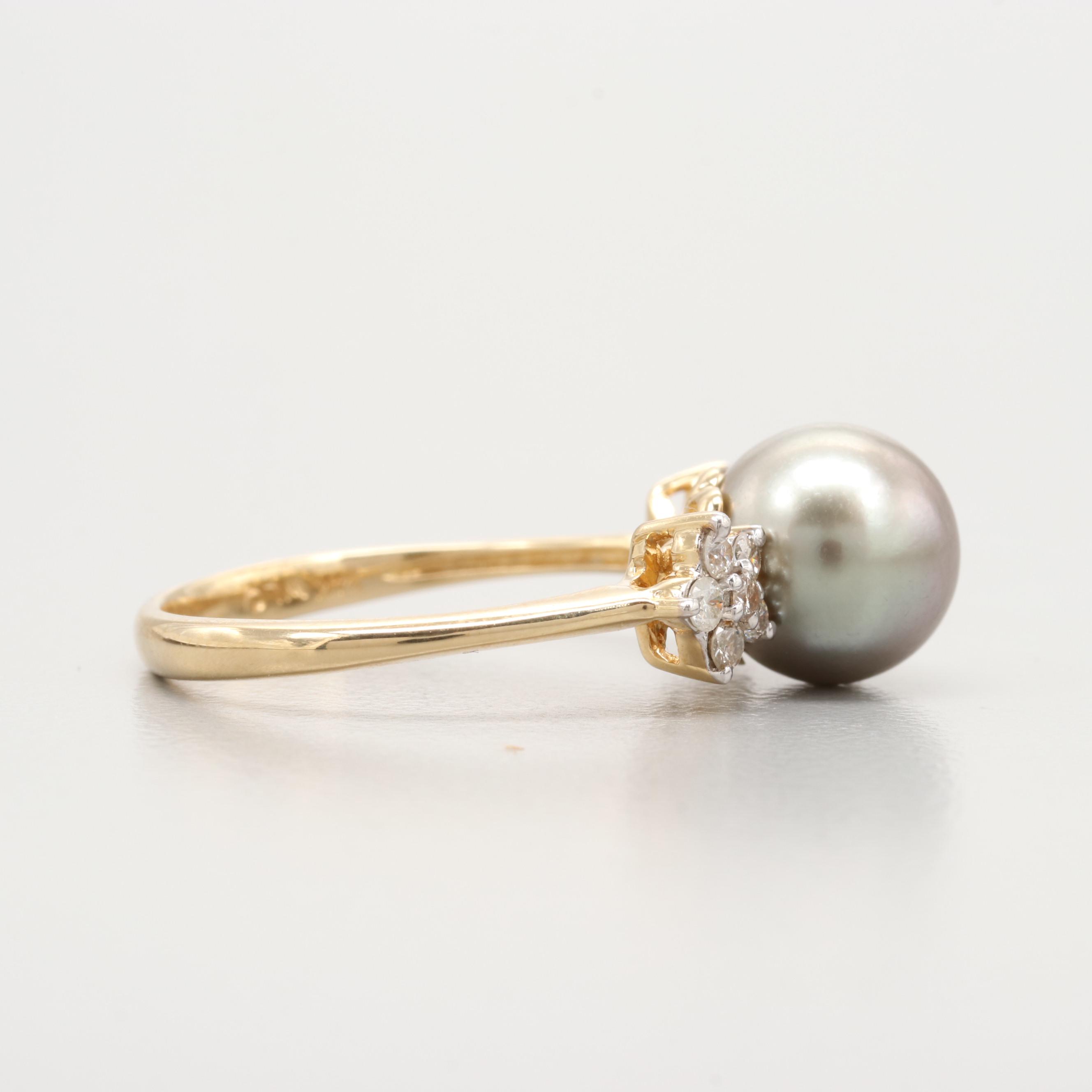 14K Yellow Gold Cultured Pearl and Diamond Ring