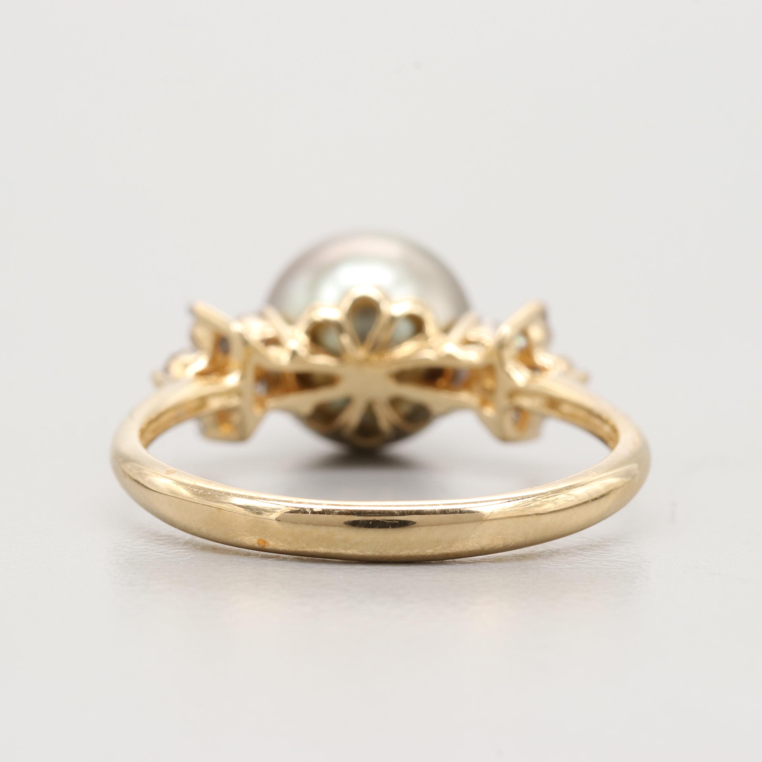 14K Yellow Gold Cultured Pearl and Diamond Ring