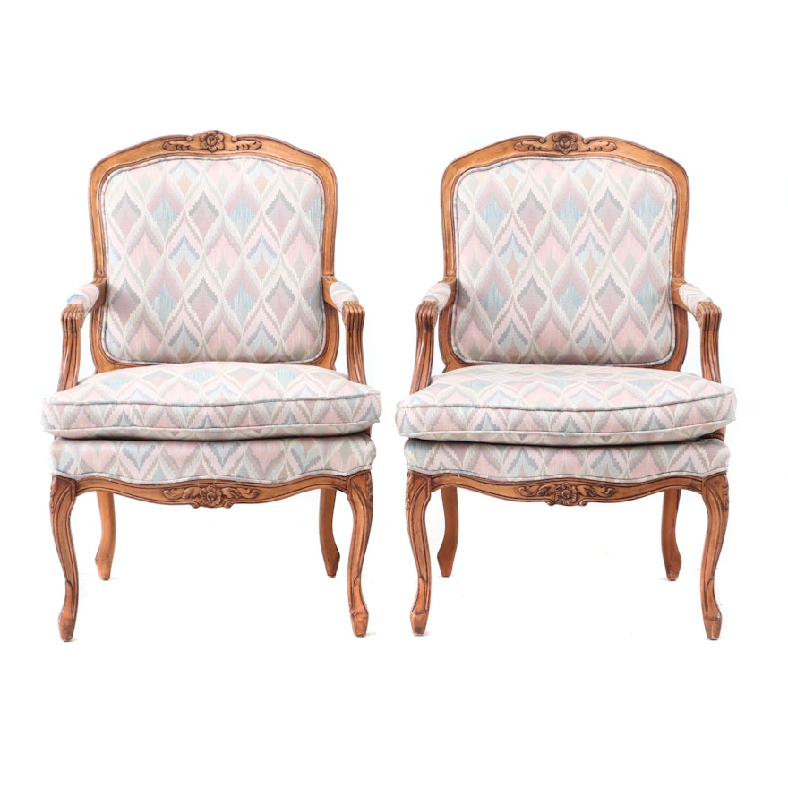 Louis XV Style Upholstered Arm Chairs in Birch