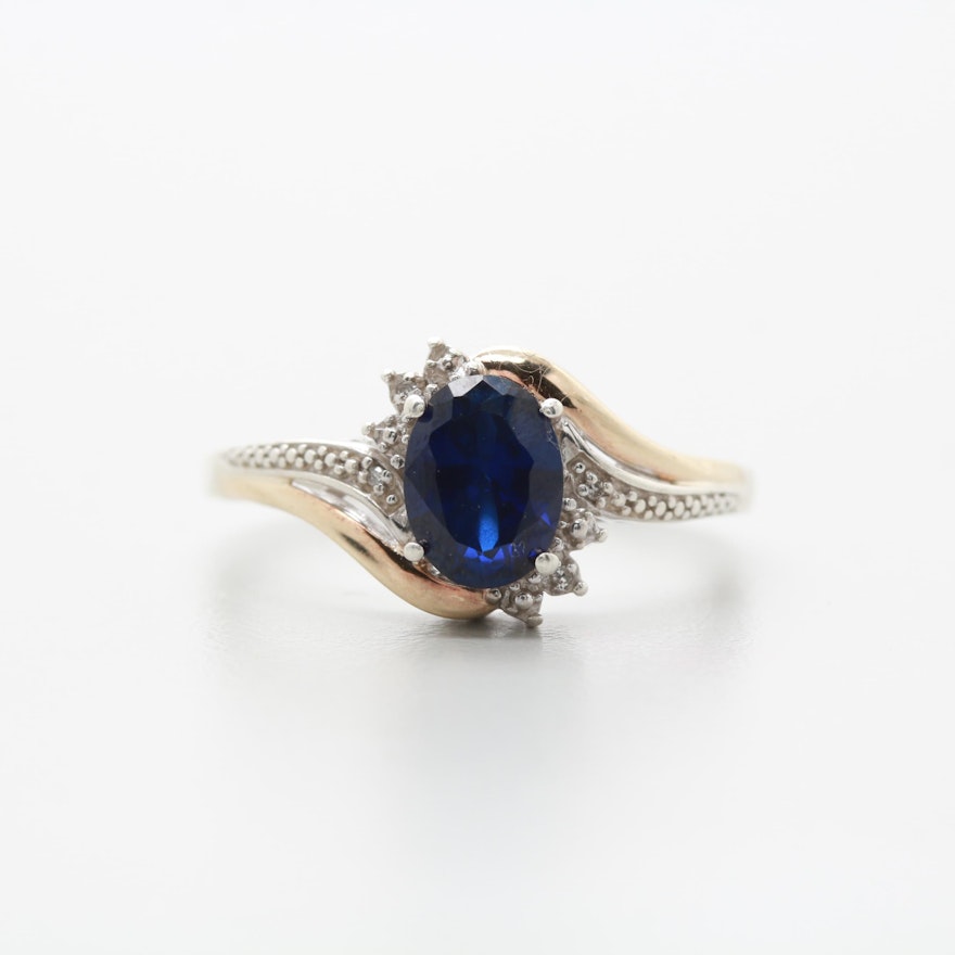 Sterling Silver with 10K Yellow Gold Accents Synthetic Sapphire and Diamond Ring