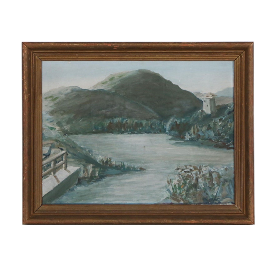 Mid 20th Century Oil Painting of River Landscape