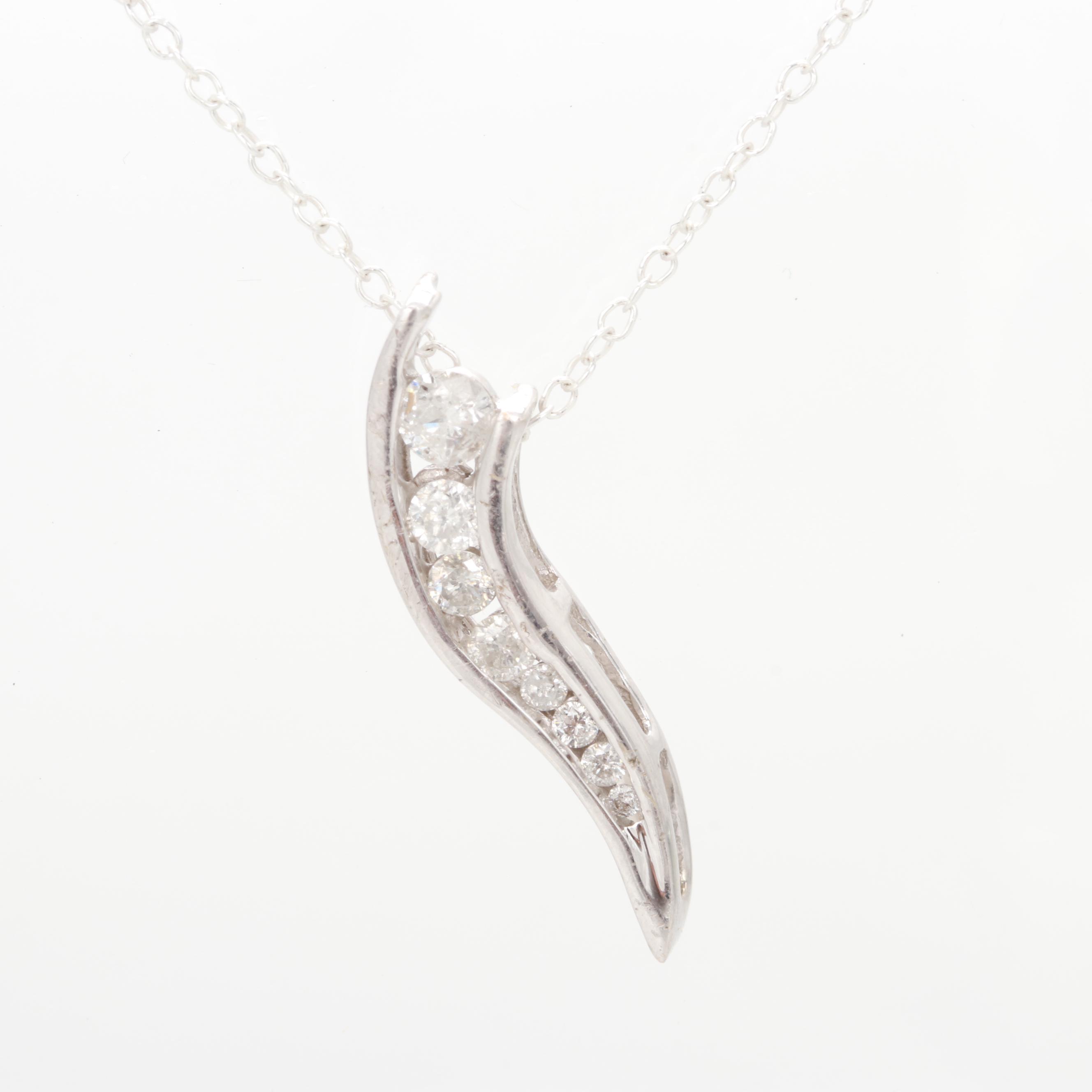 10K White Gold Diamond Journey Necklace With Sterling Silver Chain