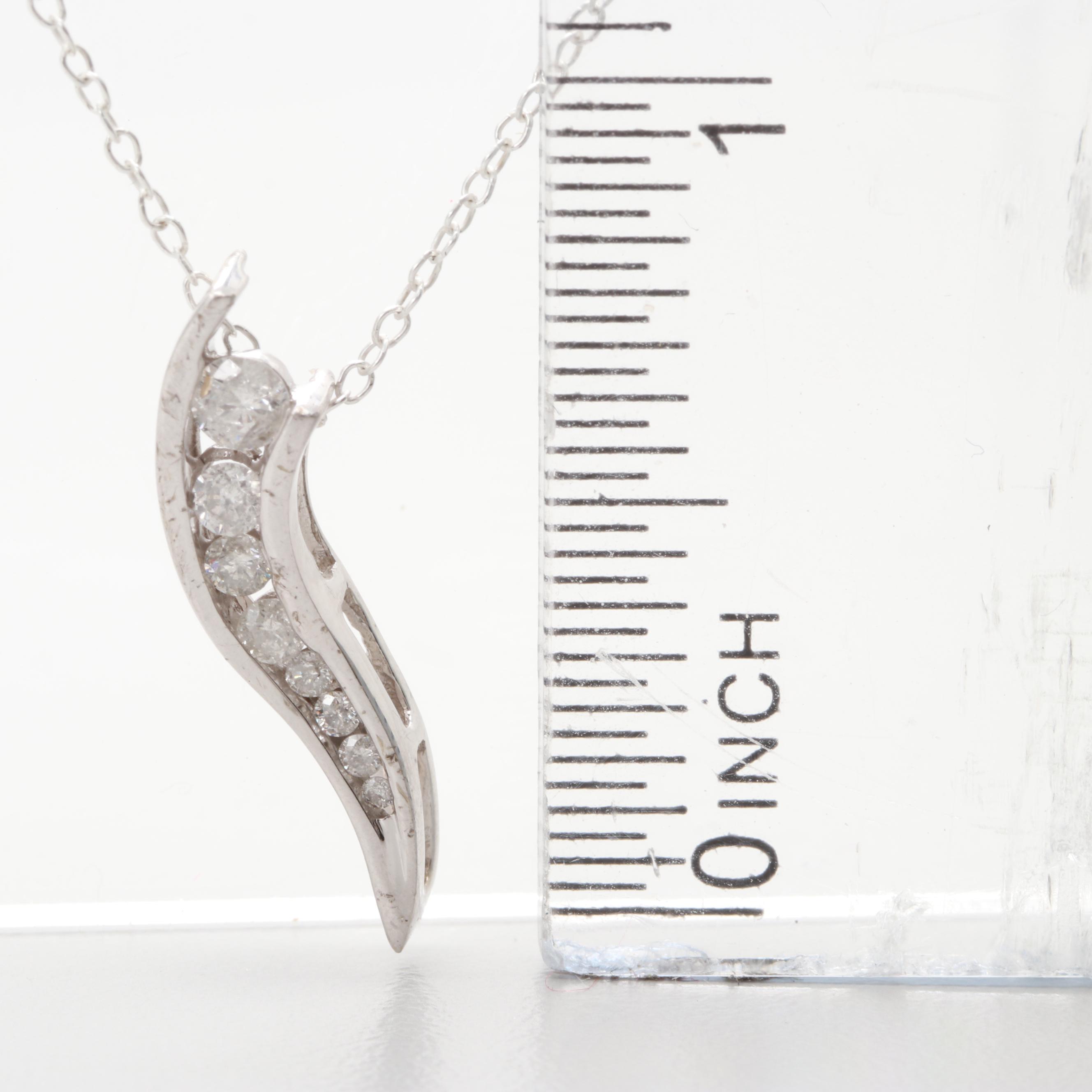 10K White Gold Diamond Journey Necklace With Sterling Silver Chain