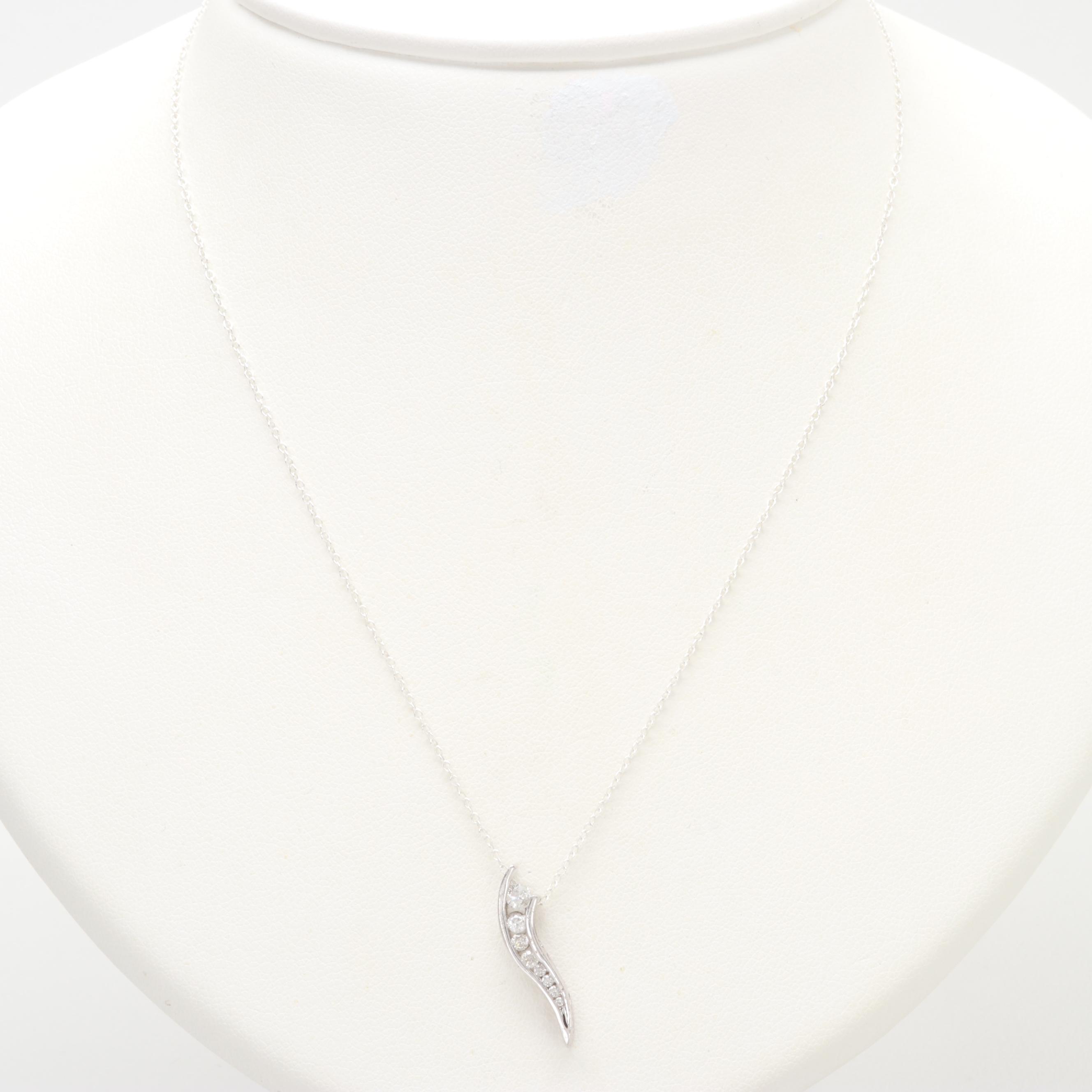 10K White Gold Diamond Journey Necklace With Sterling Silver Chain