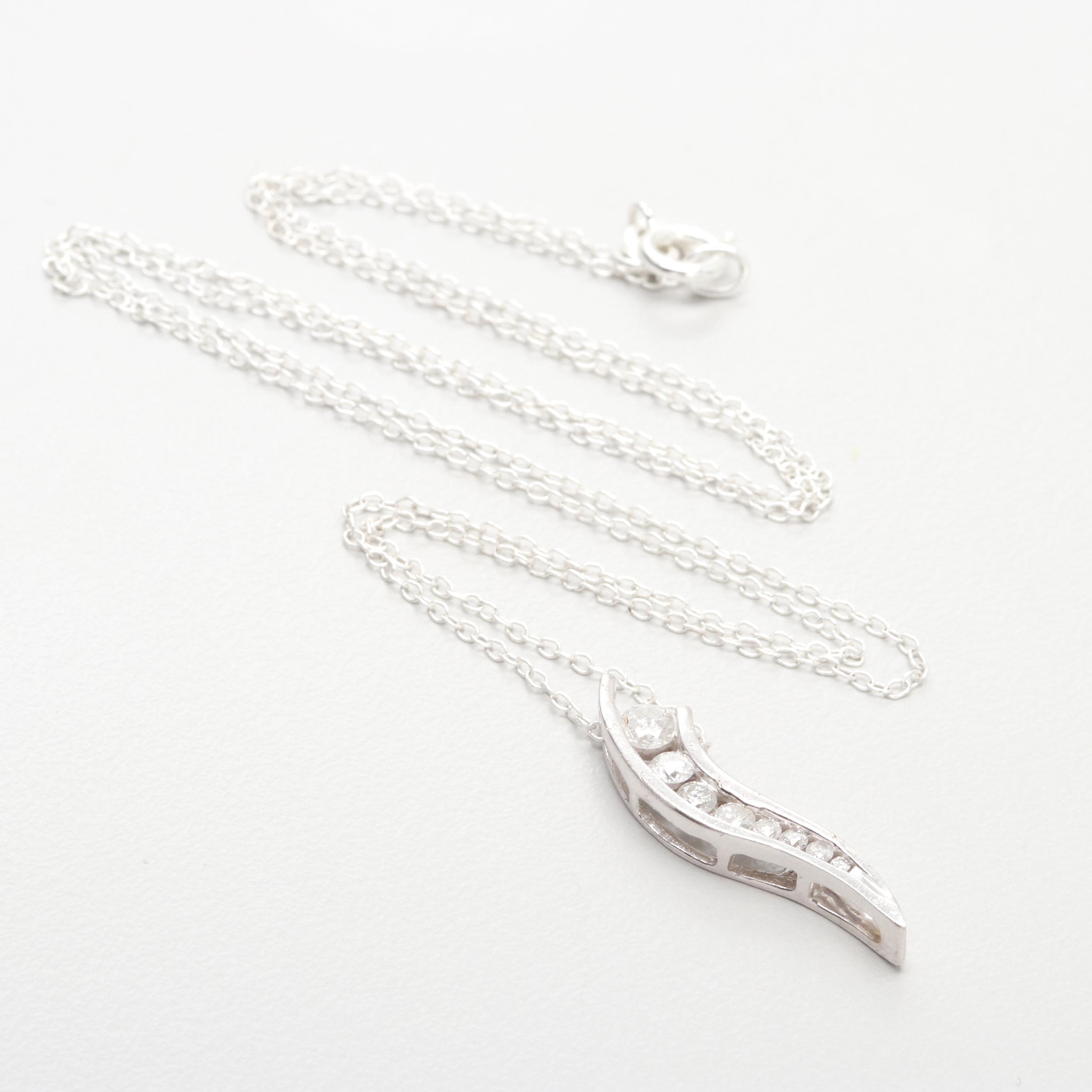10K White Gold Diamond Journey Necklace With Sterling Silver Chain