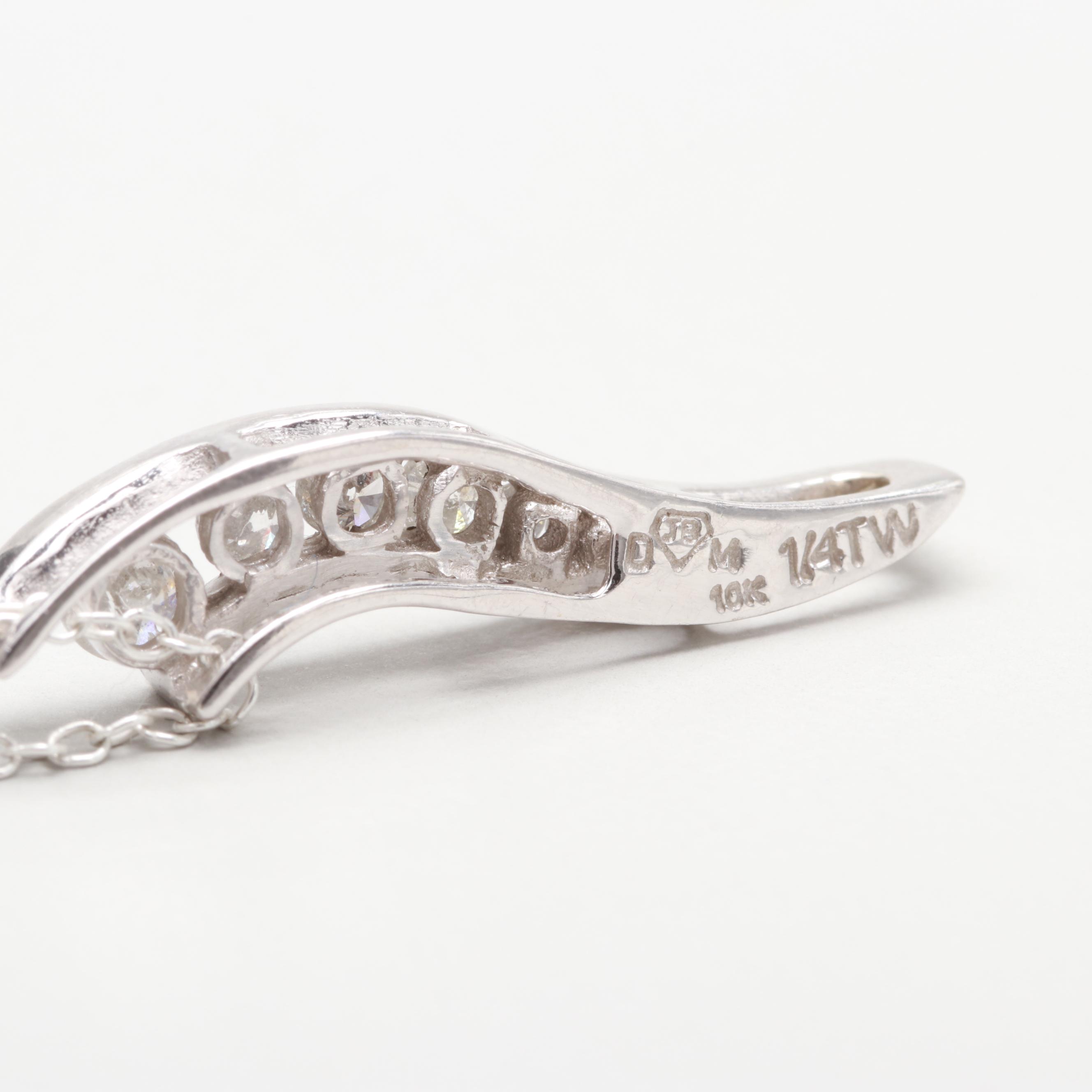 10K White Gold Diamond Journey Necklace With Sterling Silver Chain