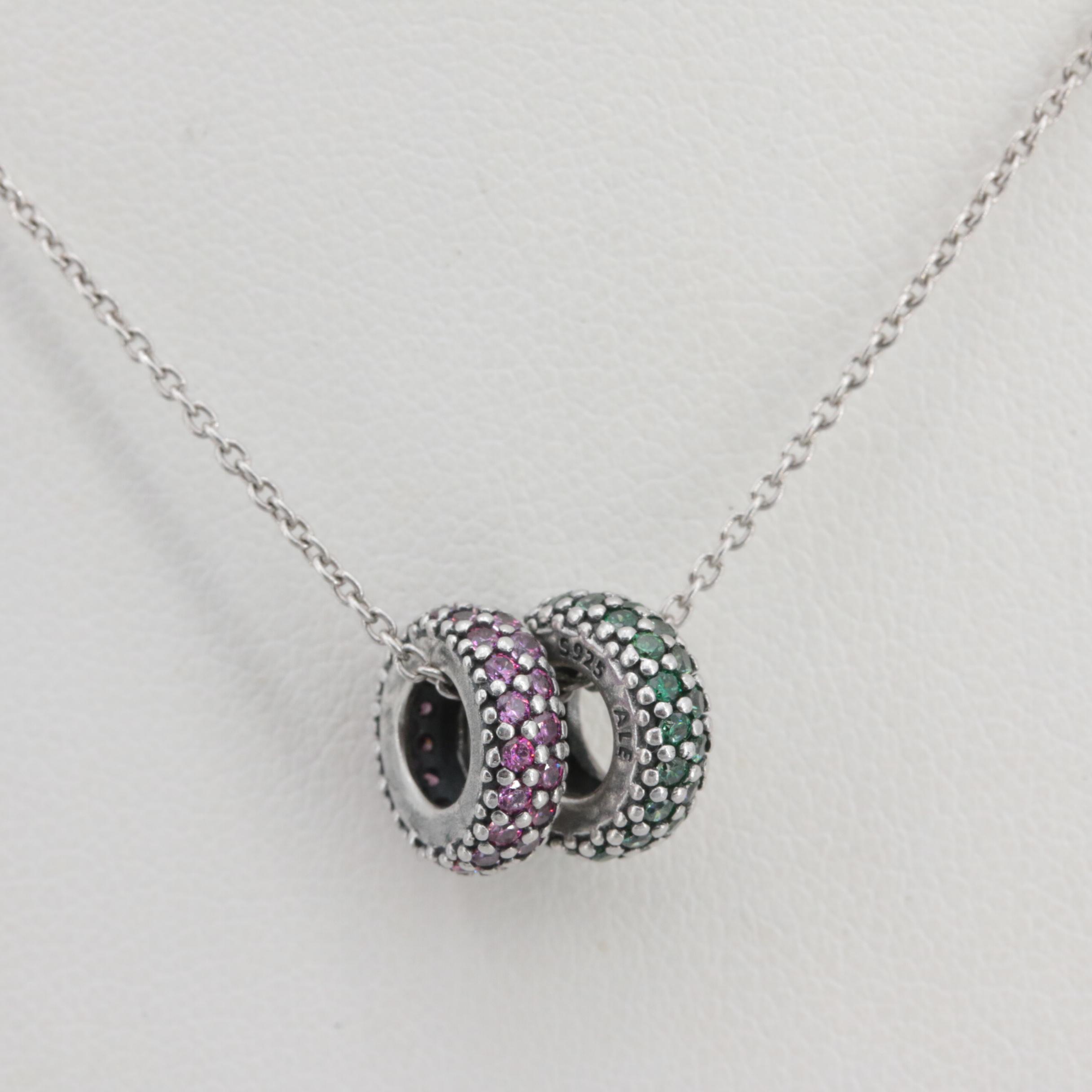 Pandora Sterling Silver Cable Link Necklace with Cubic Zirconia Spacer Charms