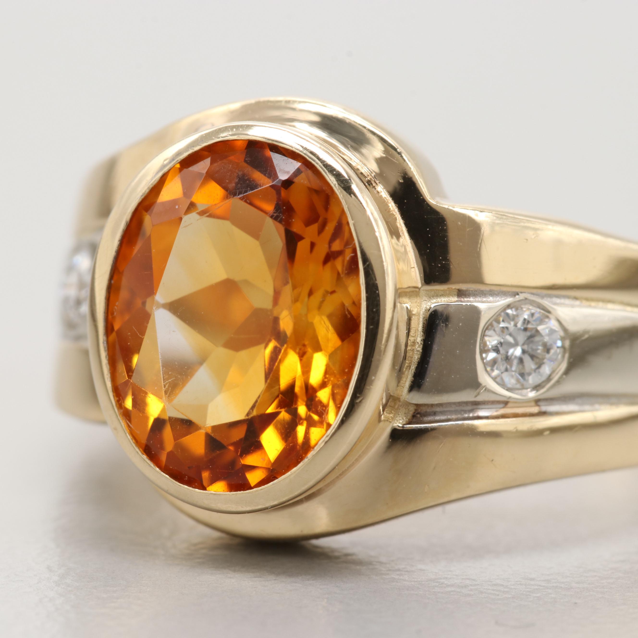 14K Yellow Gold Citrine and Diamond Ring
