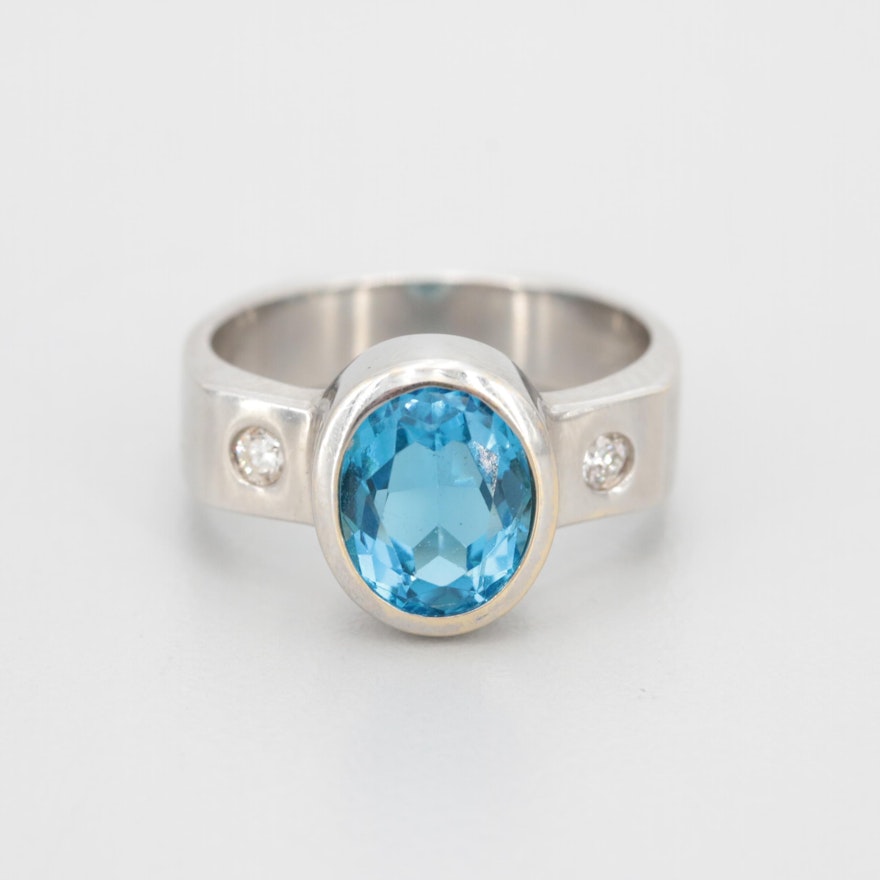 14K White Gold Blue Topaz and Diamond Ring