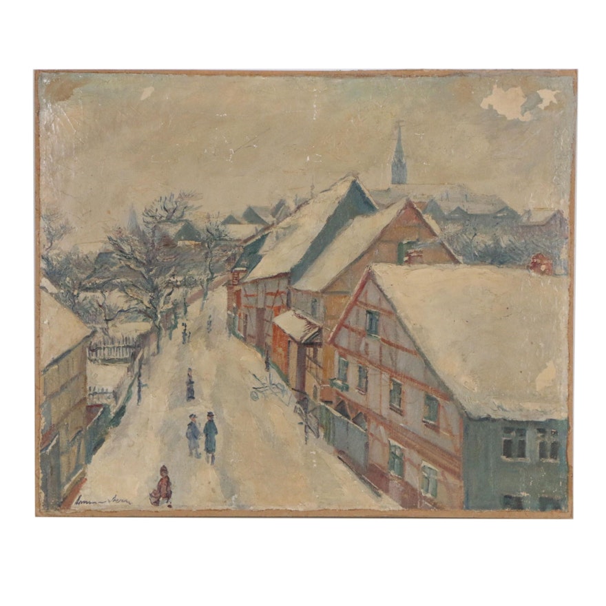 Mid 20th Century Oil Painting of Winter Town Scene