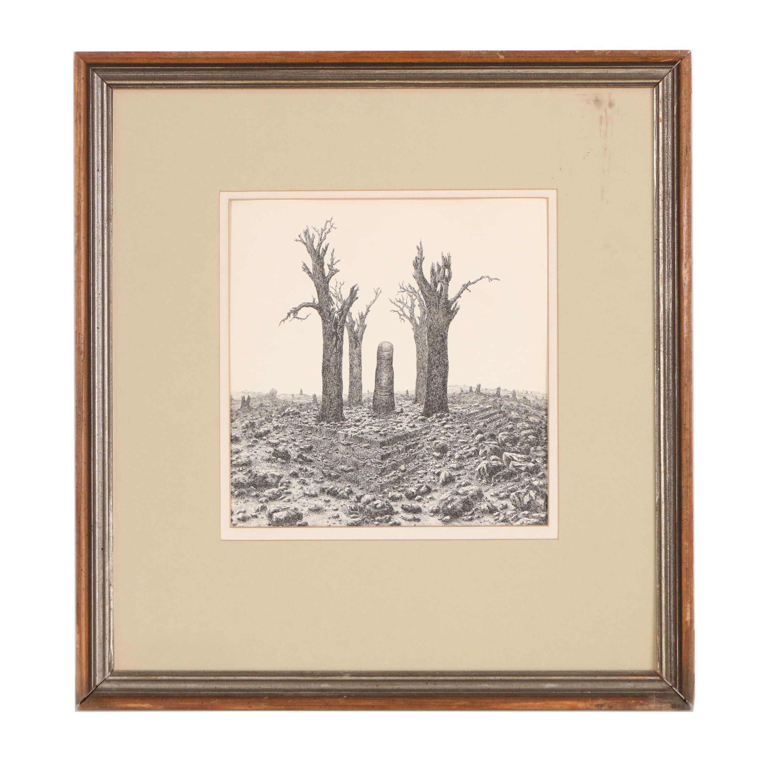 Late 20th Century Ink Drawing "Monument to the Achievements of Mankind"