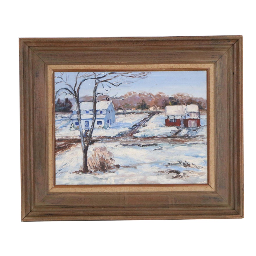 Late 20th Century Oil Painting of Winter Landscape