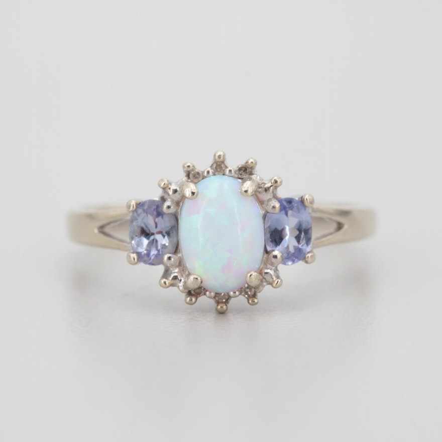 10K White Gold Synthetic Opal, Tanzanite and Diamond Ring