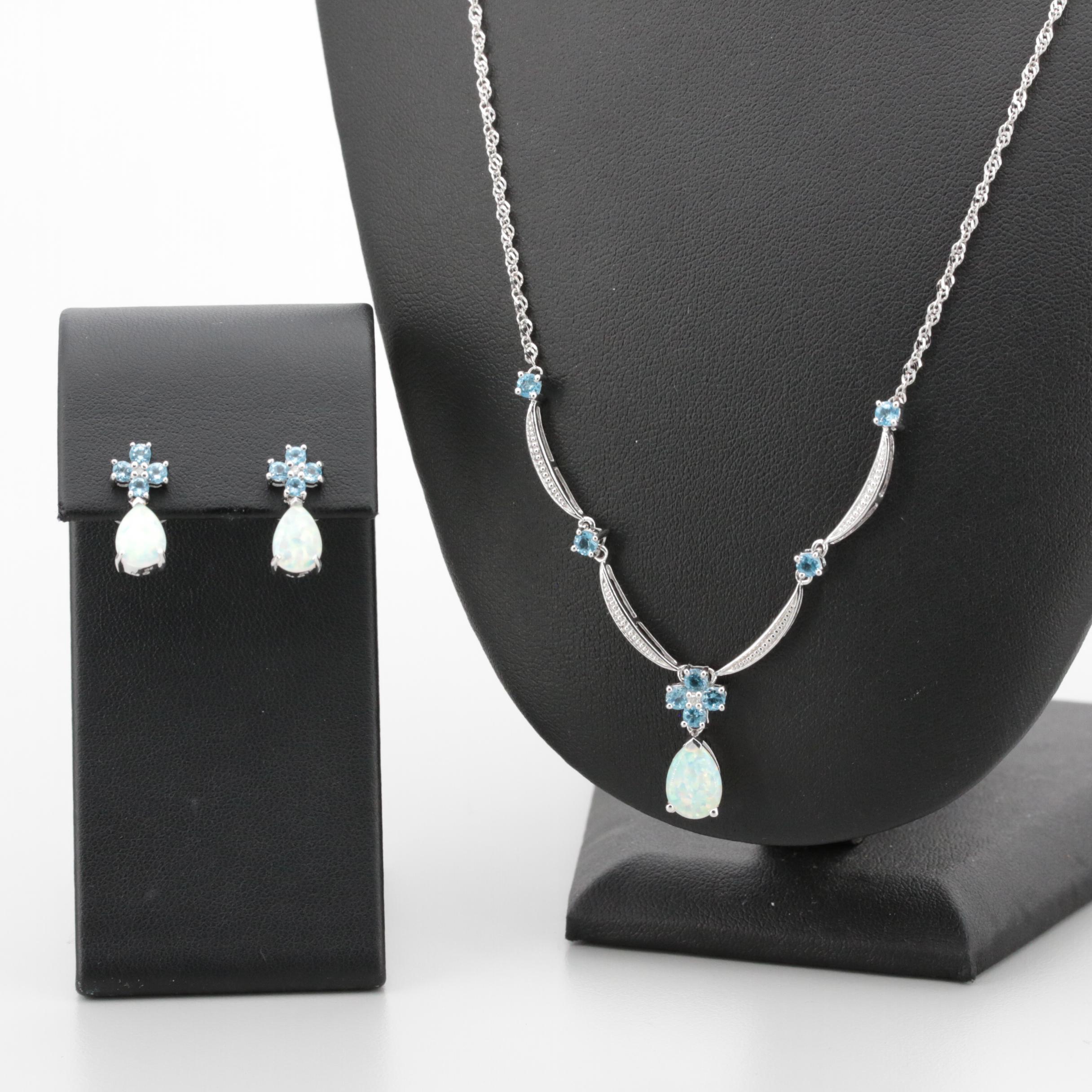 10K White Gold Synthetic Opal, Blue Topaz and Diamond Necklace and Earrings Set