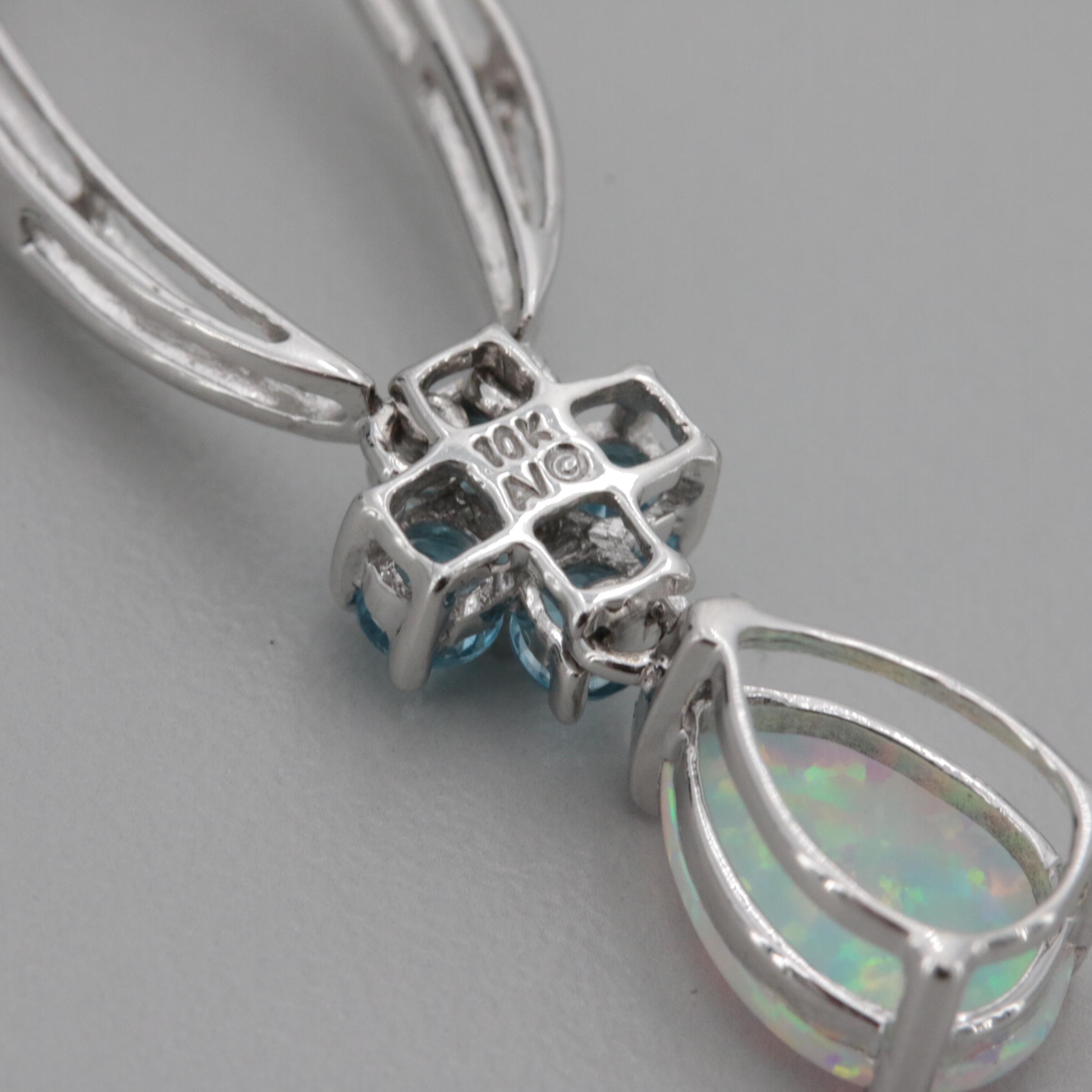 10K White Gold Synthetic Opal, Blue Topaz and Diamond Necklace and Earrings Set