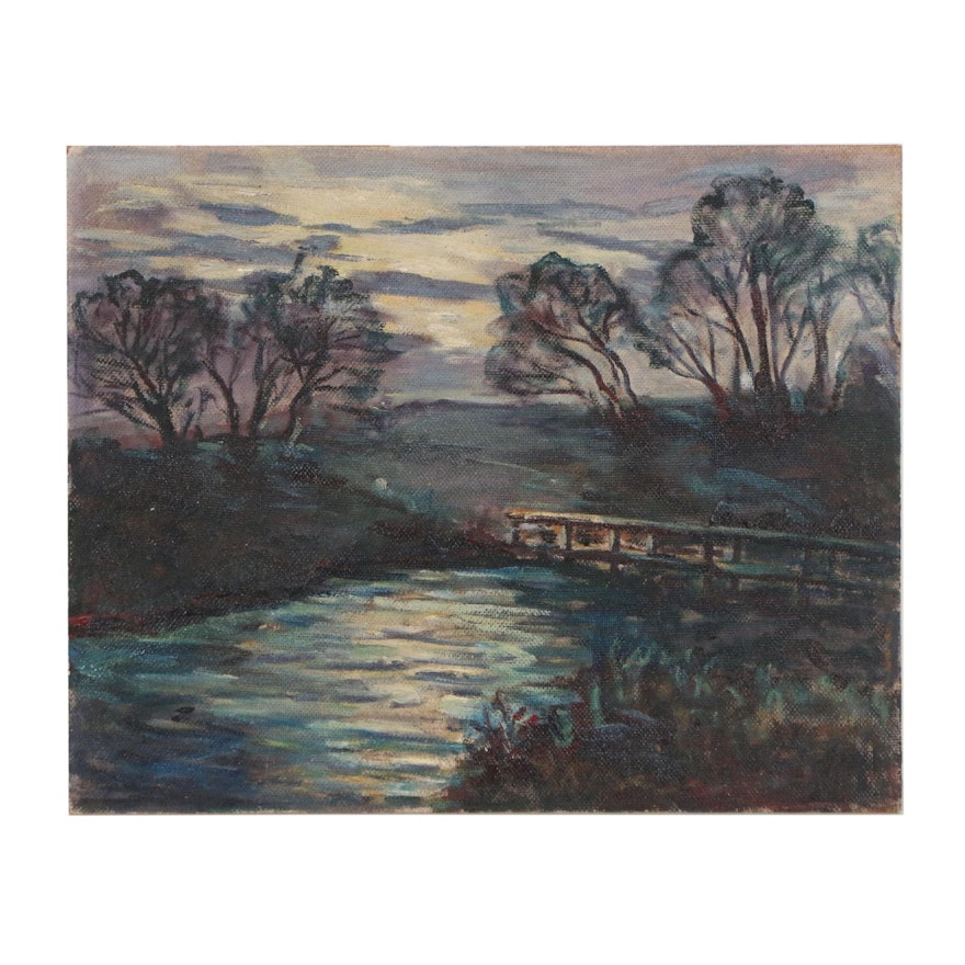 Late 20th Century Oil Painting of River Landscape