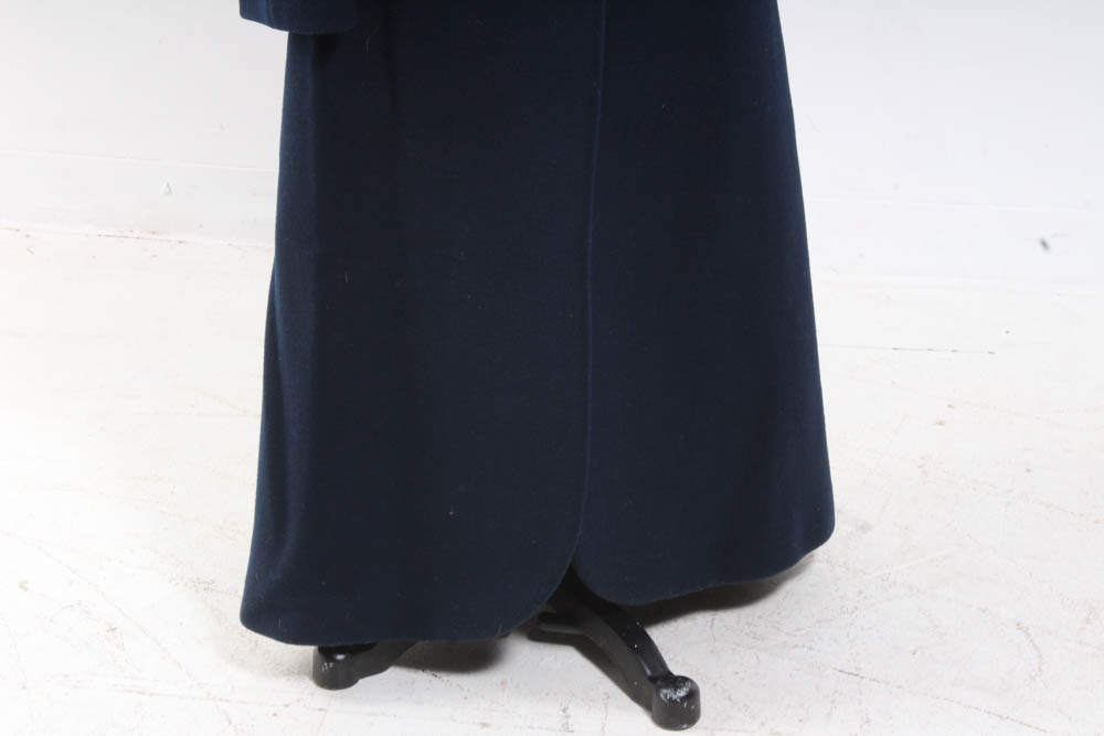Christian Dior Full-Length Navy Wool Coat With Black Velvet Trim