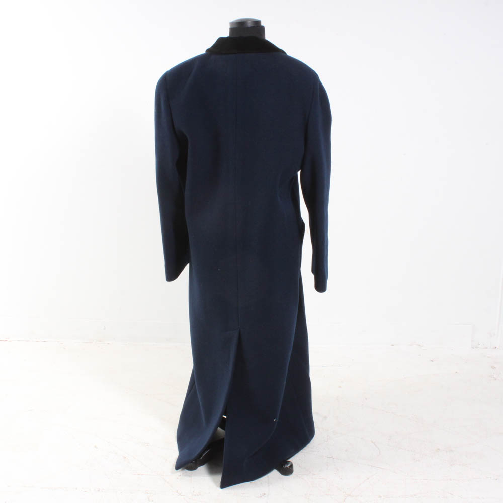 Christian Dior Full-Length Navy Wool Coat With Black Velvet Trim