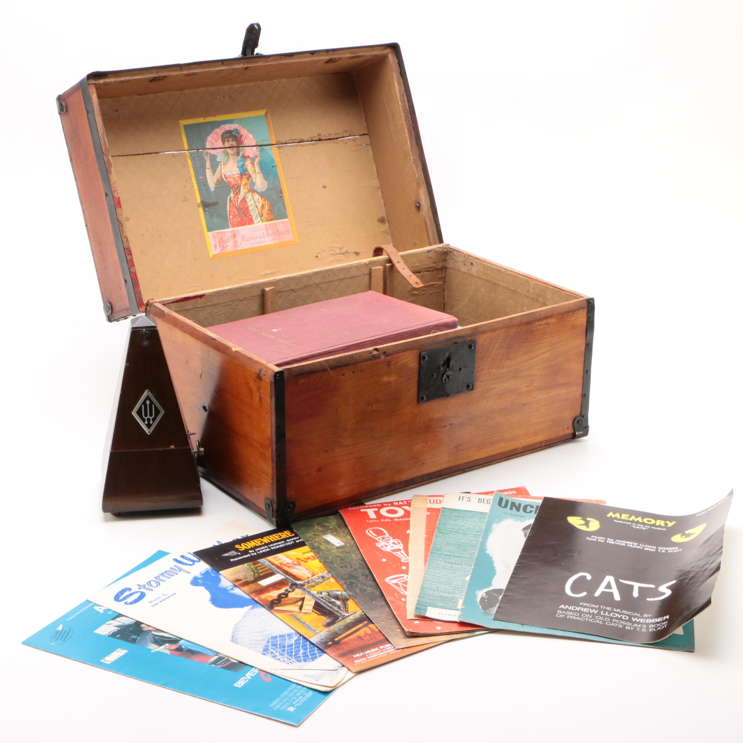 Vintage M.C. Tilley & Co. Wooden Trunk with Sheet Music and Wittner Metronome