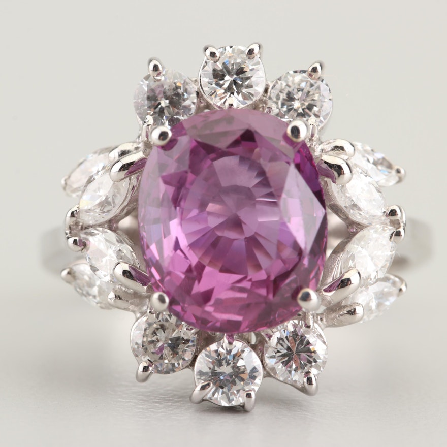 18K White Gold 4.20 CT Pink Sapphire and 1.25 CTW Diamond Ring with GIA Report