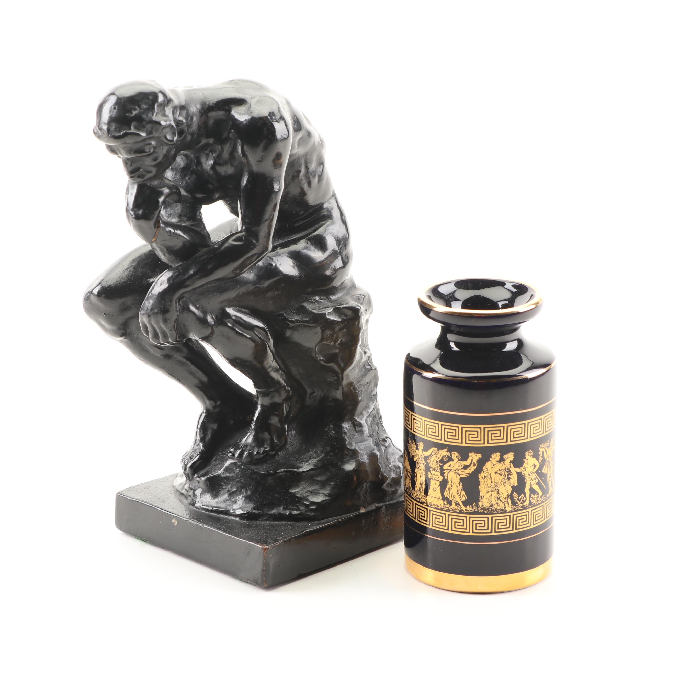 Cast Metal "The Thinker" Figurine After Rodin and a Greek Porcelain Vase
