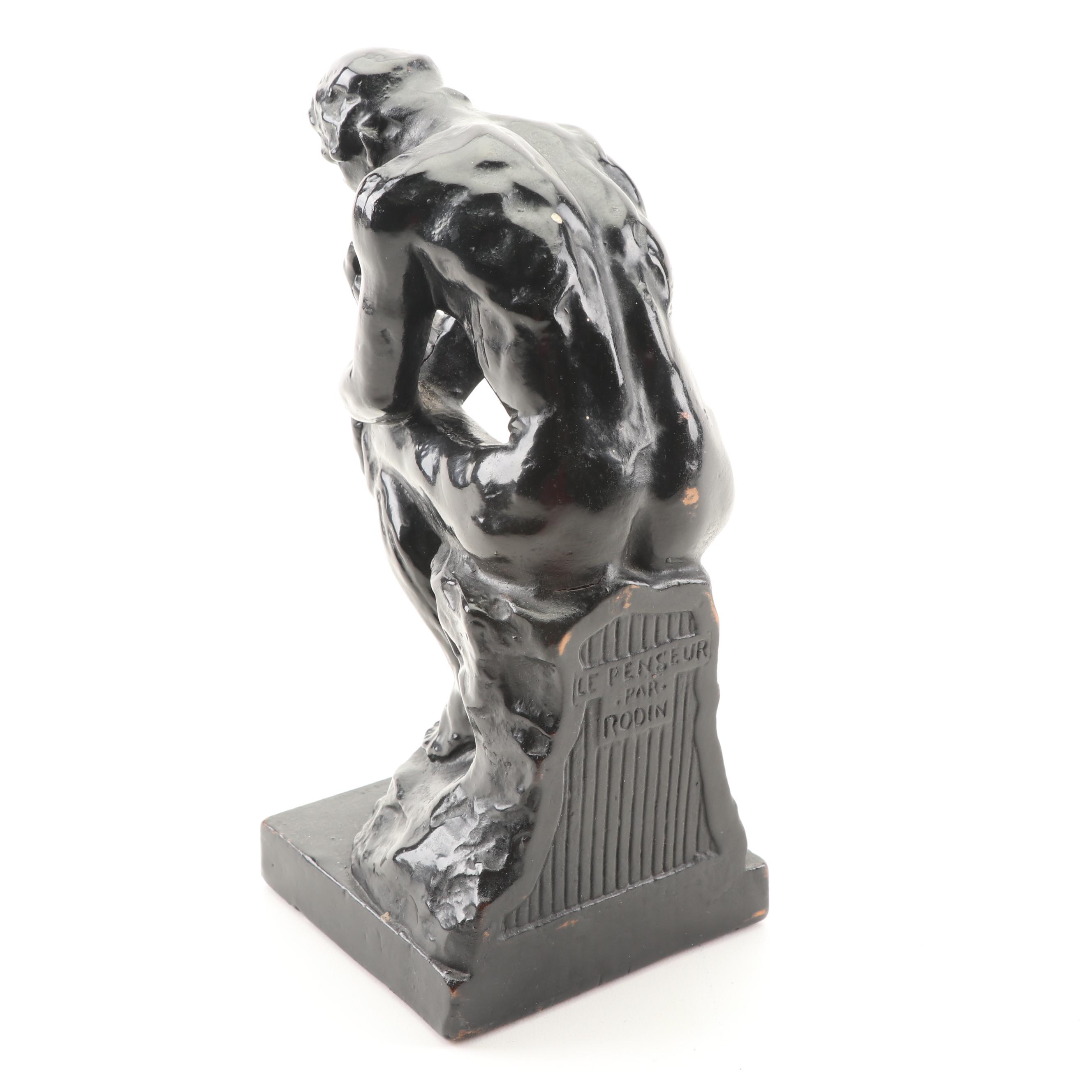 Cast Metal "The Thinker" Figurine After Rodin and a Greek Porcelain Vase