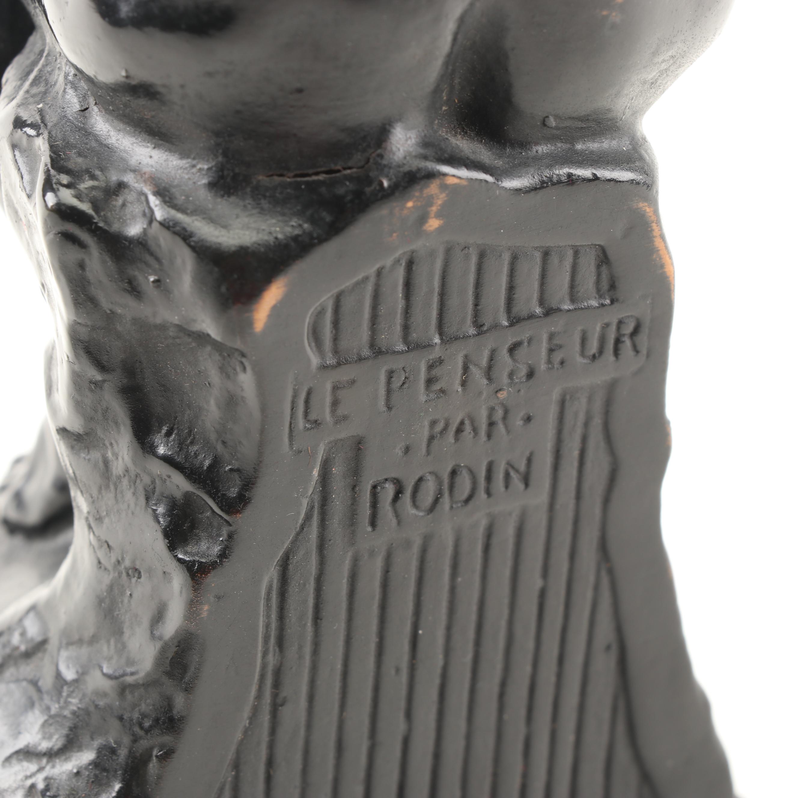 Cast Metal "The Thinker" Figurine After Rodin and a Greek Porcelain Vase