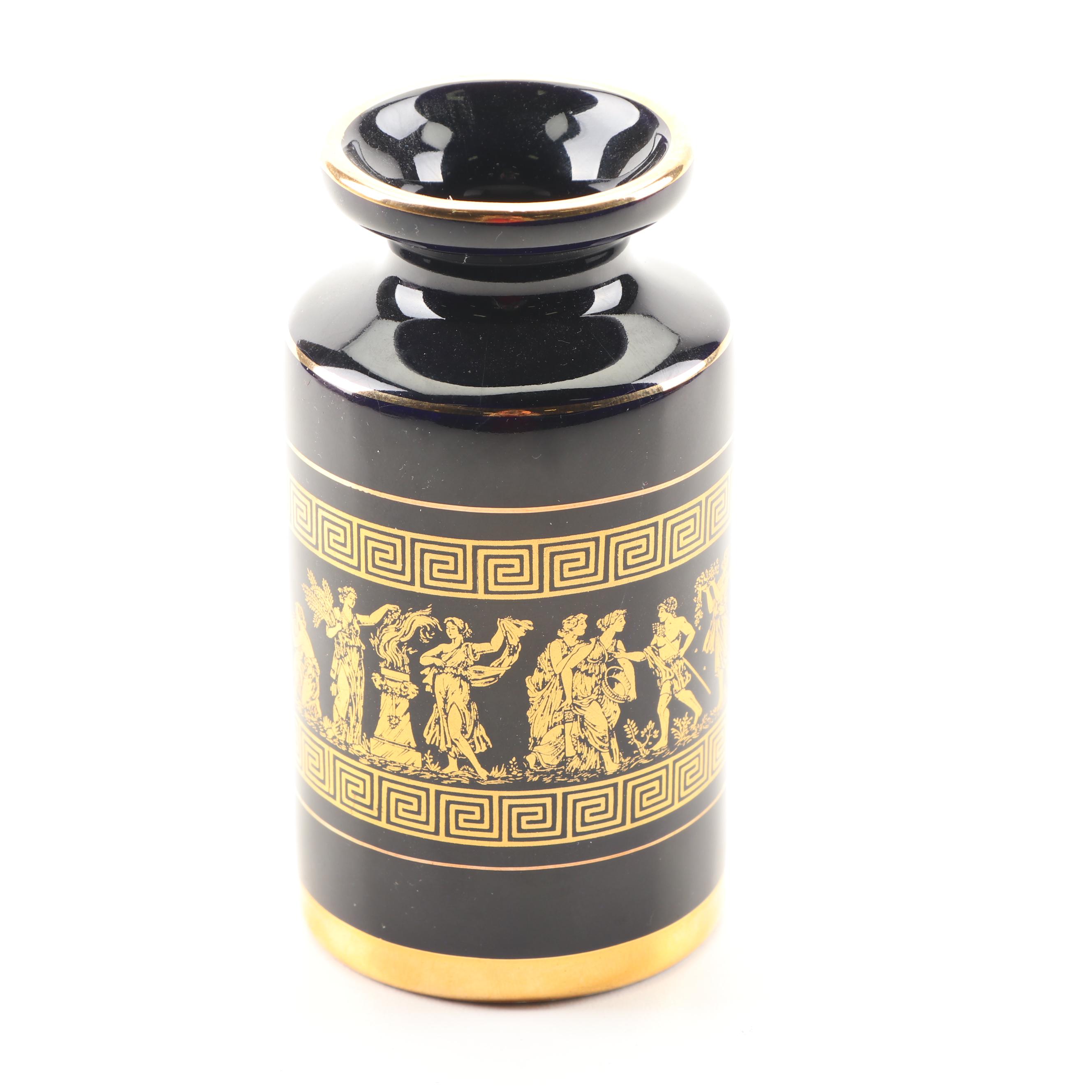 Cast Metal "The Thinker" Figurine After Rodin and a Greek Porcelain Vase