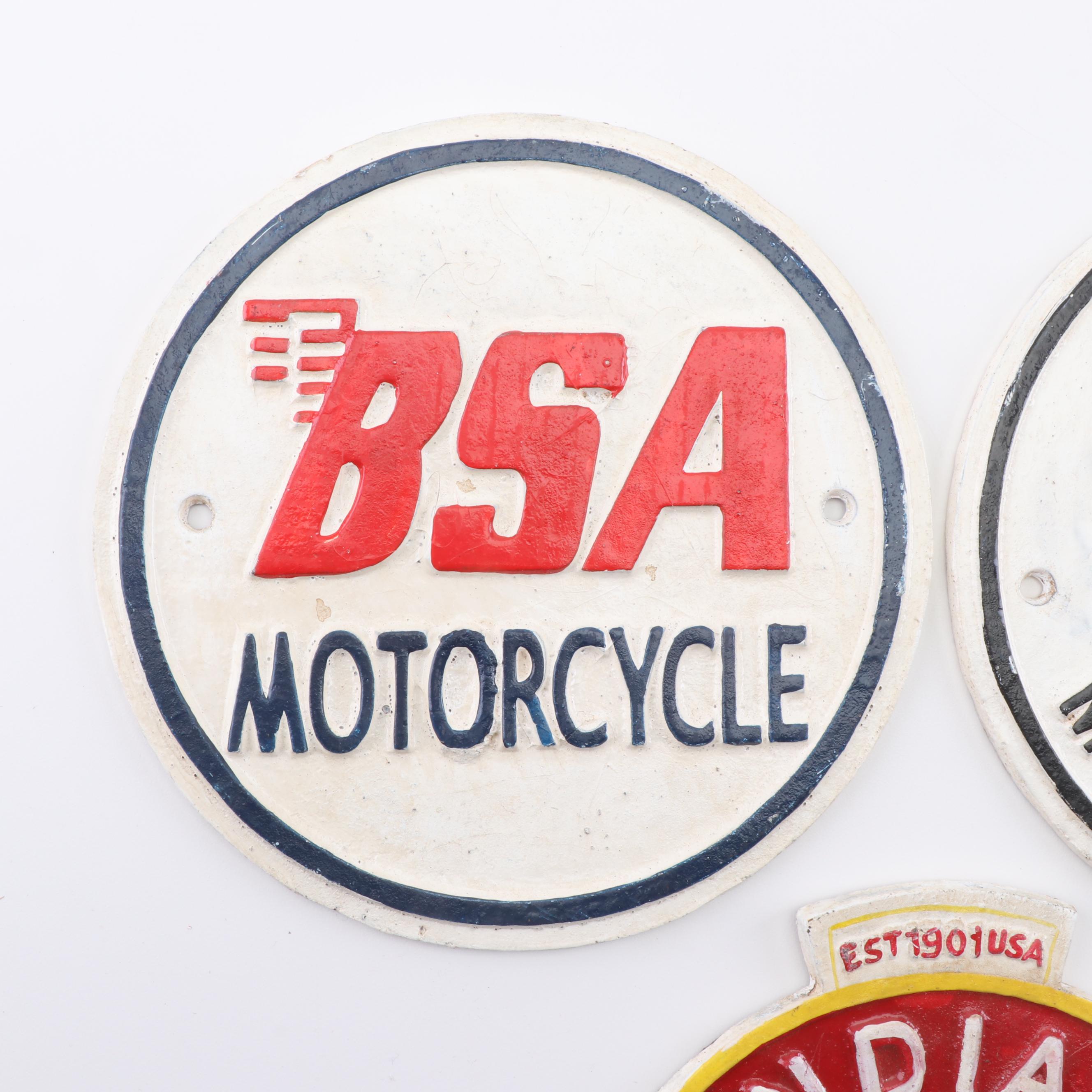 Reproduction Cast Iron Signs Including Indiana Motorcycle