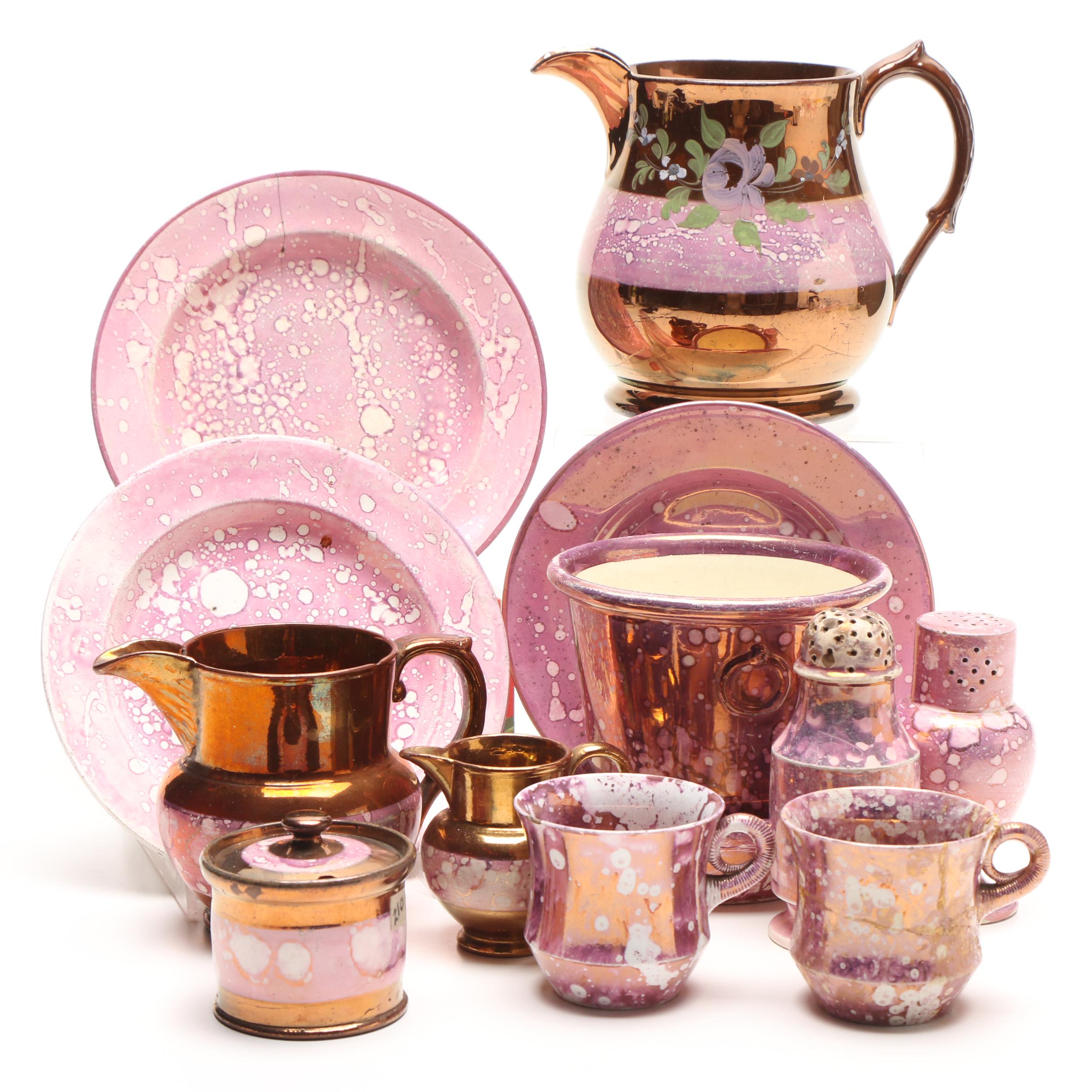 English Porcelain Lusterware Including Plates, Salt and Pepper Shakers and More